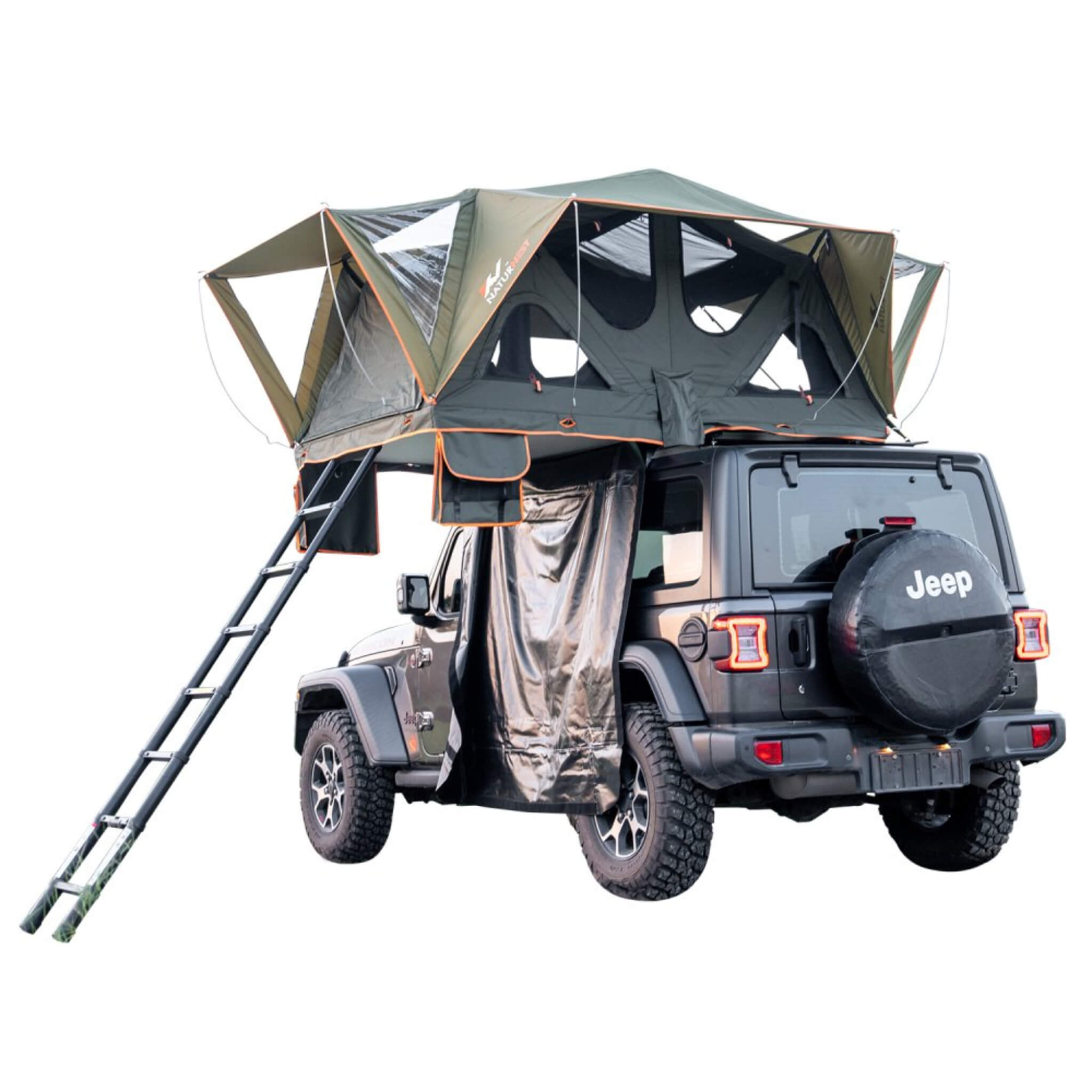 SAKSBY Naturnest Andromeda green soft-shell rooftop tent with large panoramic skylight and YKK doors, mounted on a car.