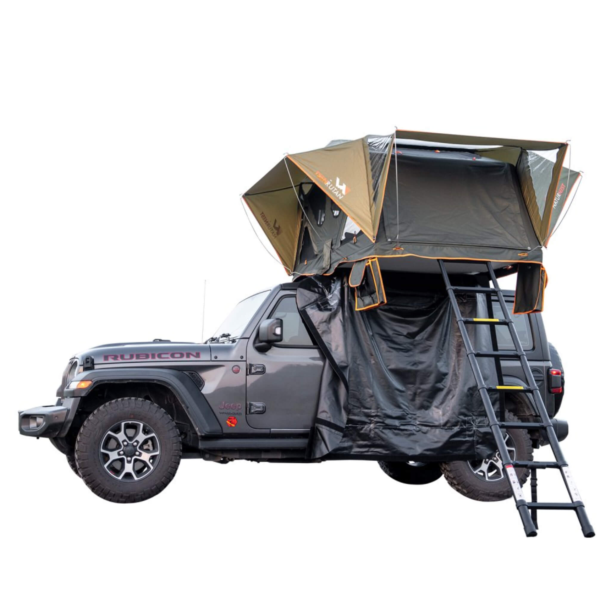 Stylish aluminum alloy Naturnest Andromeda green rooftop tent with panoramic skylight and YKK doors mounted on a vehicle.