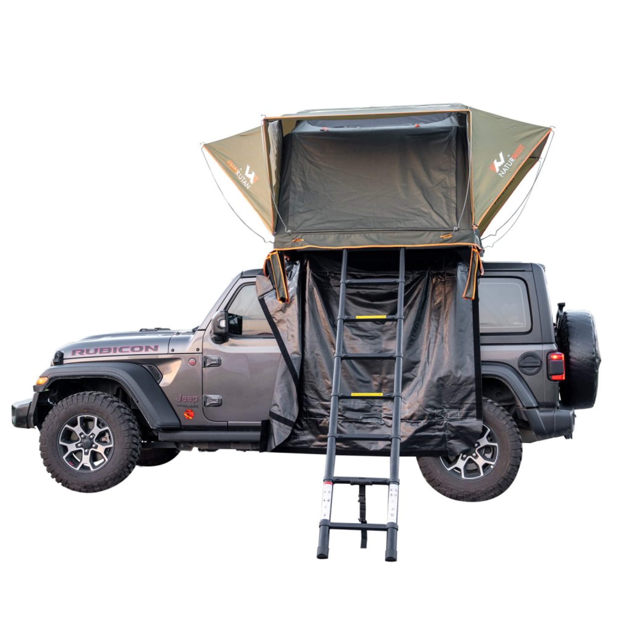 SAKSBY Naturnest Andromeda Green rooftop tent with aluminum alloy frame, large panoramic skylight, and YKK doors on a car.