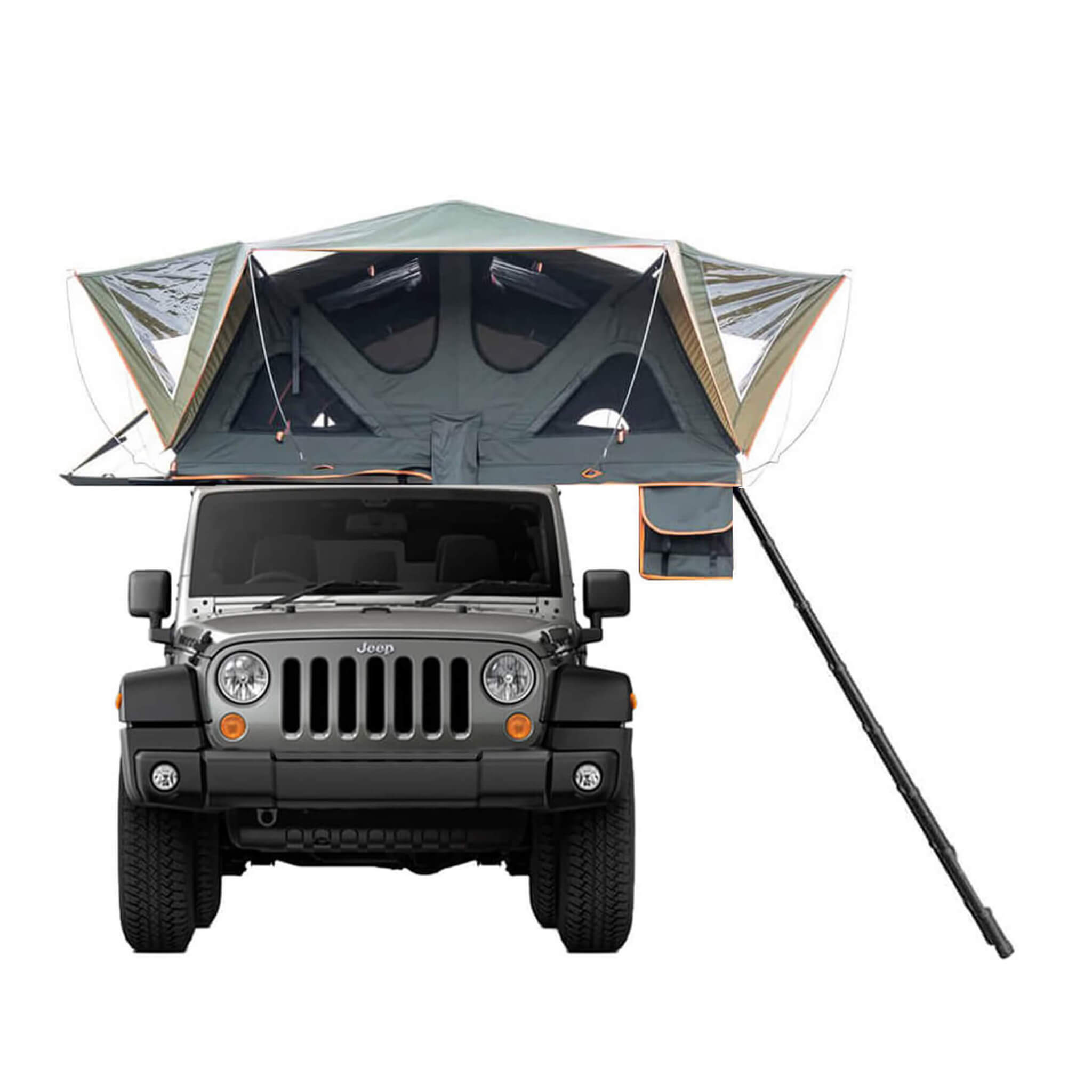 SAKSBY Naturnest Andromeda green soft-shell rooftop tent with large panoramic skylight and YKK doors mounted on a car, right side view