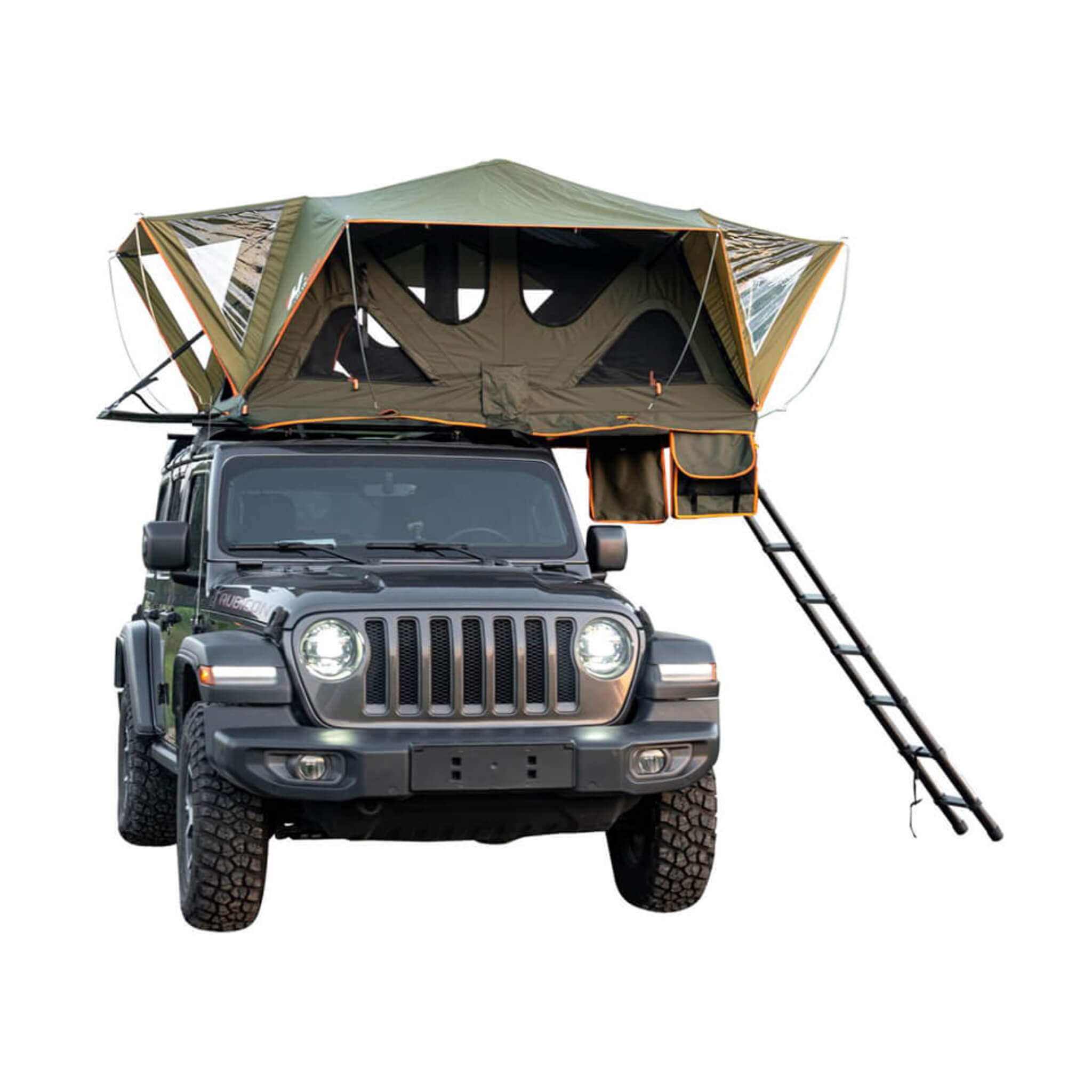 SAKSBY Naturnest Andromeda Green Rooftop Tent with aluminum alloy frame, large panoramic skylight, and YKK doors on a car side view.