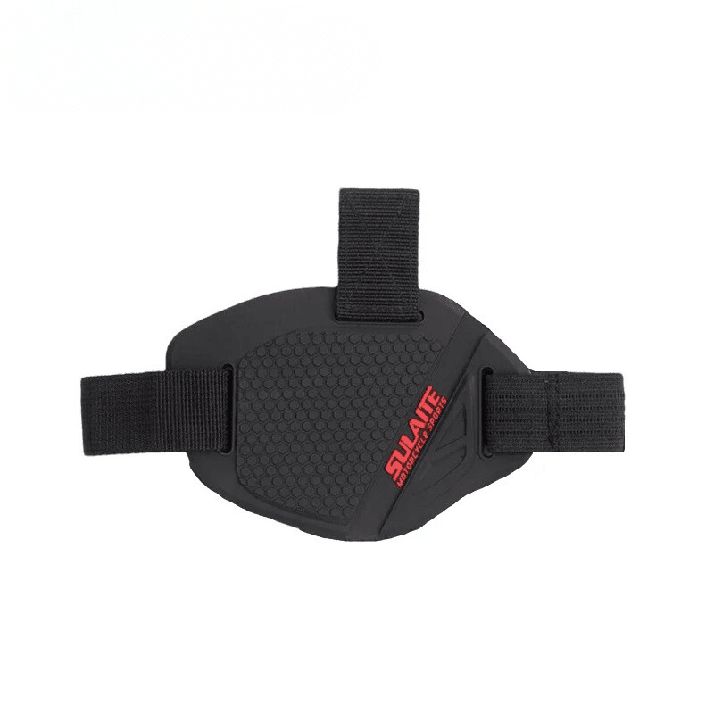 Bean's Moto Booth SULAITE™ motorcycle gear shift pad and shoe protector attached to black motorcycle boots, close-up view.