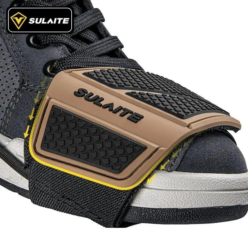 Bean's Moto Booth SULAITE™ motorcycle gear shift pad and shoe protector attached to a motorcycle boot, showing detailed protective features.