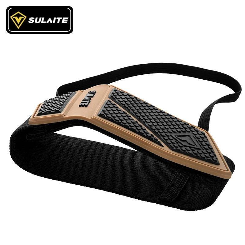 Bean's Moto Booth SULAITE™ motorcycle gear shift pad on black motorcycle boots, providing protection and grip for riding.