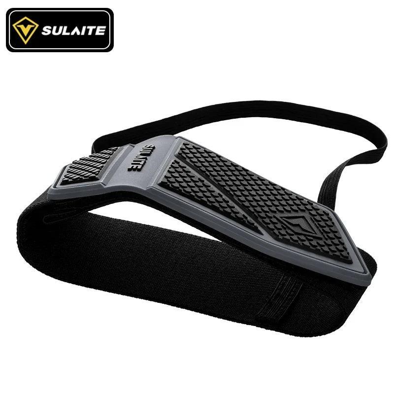 Bean's Moto Booth SULAITE™ motorcycle gear shift pad and shoe protector attached to black motorcycle boots.
