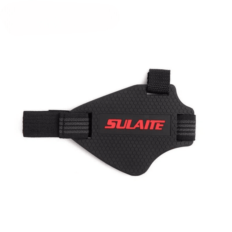 Bean's Moto Booth SULAITE™ motorcycle gear shift pad on black motorcycle boots, showing protective shoe guard for gear shifting.