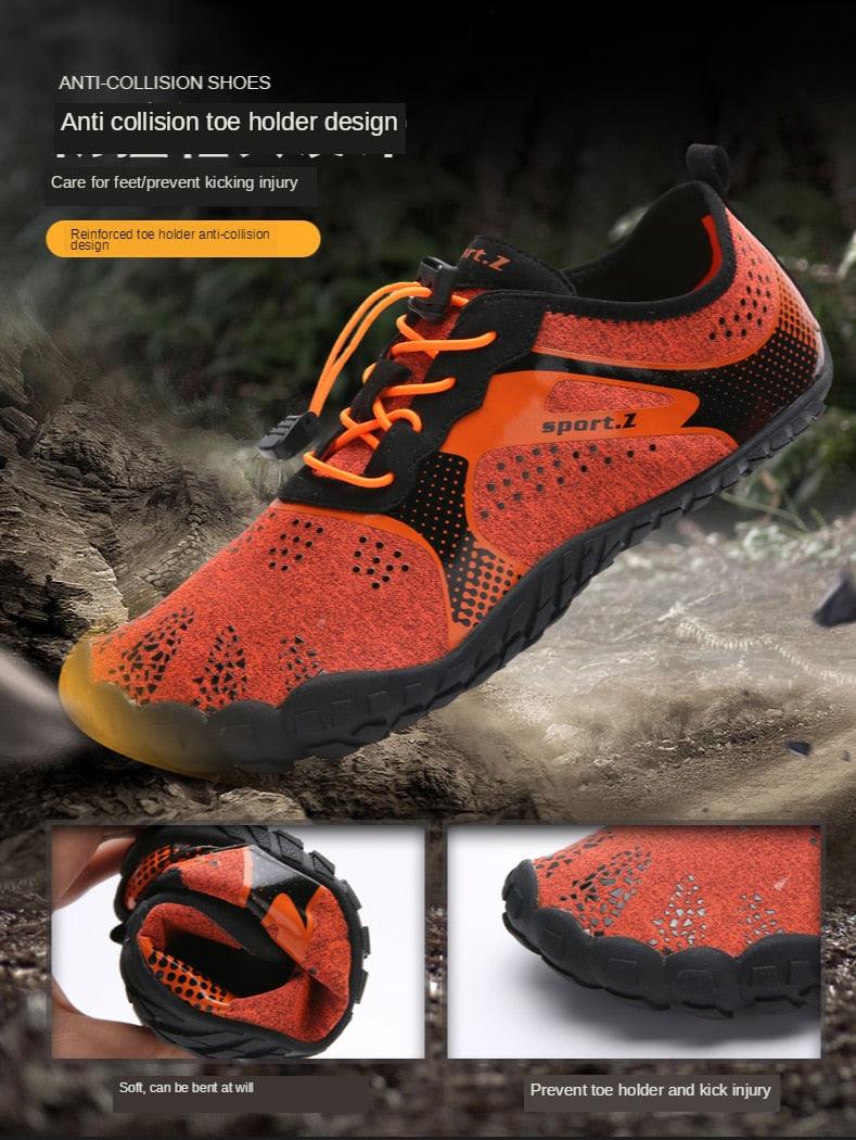 Barefoot outdoor men's Stevvex water shoes with non-slip soles, quick-dry aqua socks ideal for beach, river, and water sports.