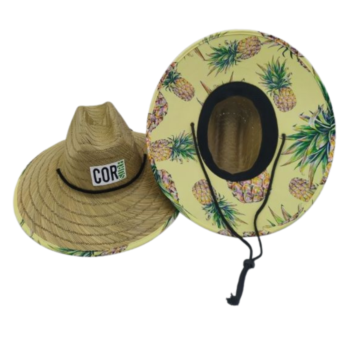 COR Surf straw lifeguard sun hat for adults with pineapple pattern, lightweight and breathable for sun protection.