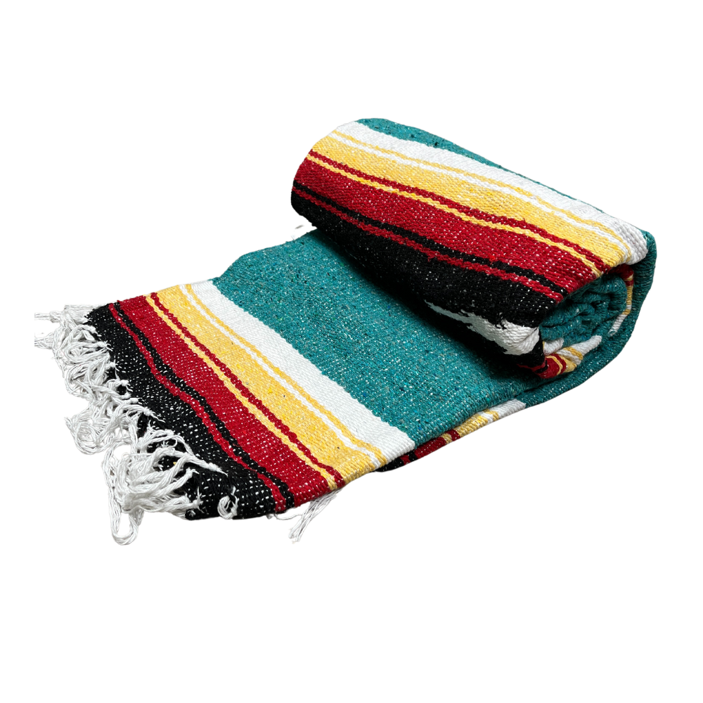 Teal Sunset Baja Diamond Yoga Blanket by West Path featuring a vibrant sunset-inspired diamond pattern on soft Baja blanket fabric.