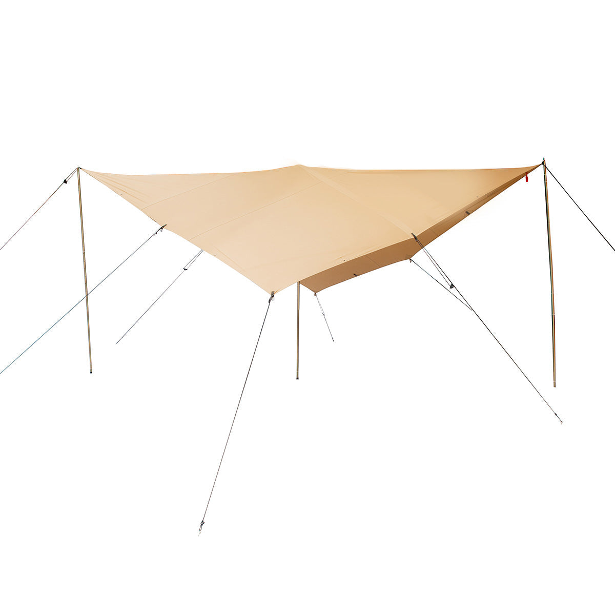 Side profile of White Duck Outdoors Sunshade Tarp 400 stretched out, showcasing its durable weather-resistant fabric and sturdy support poles.