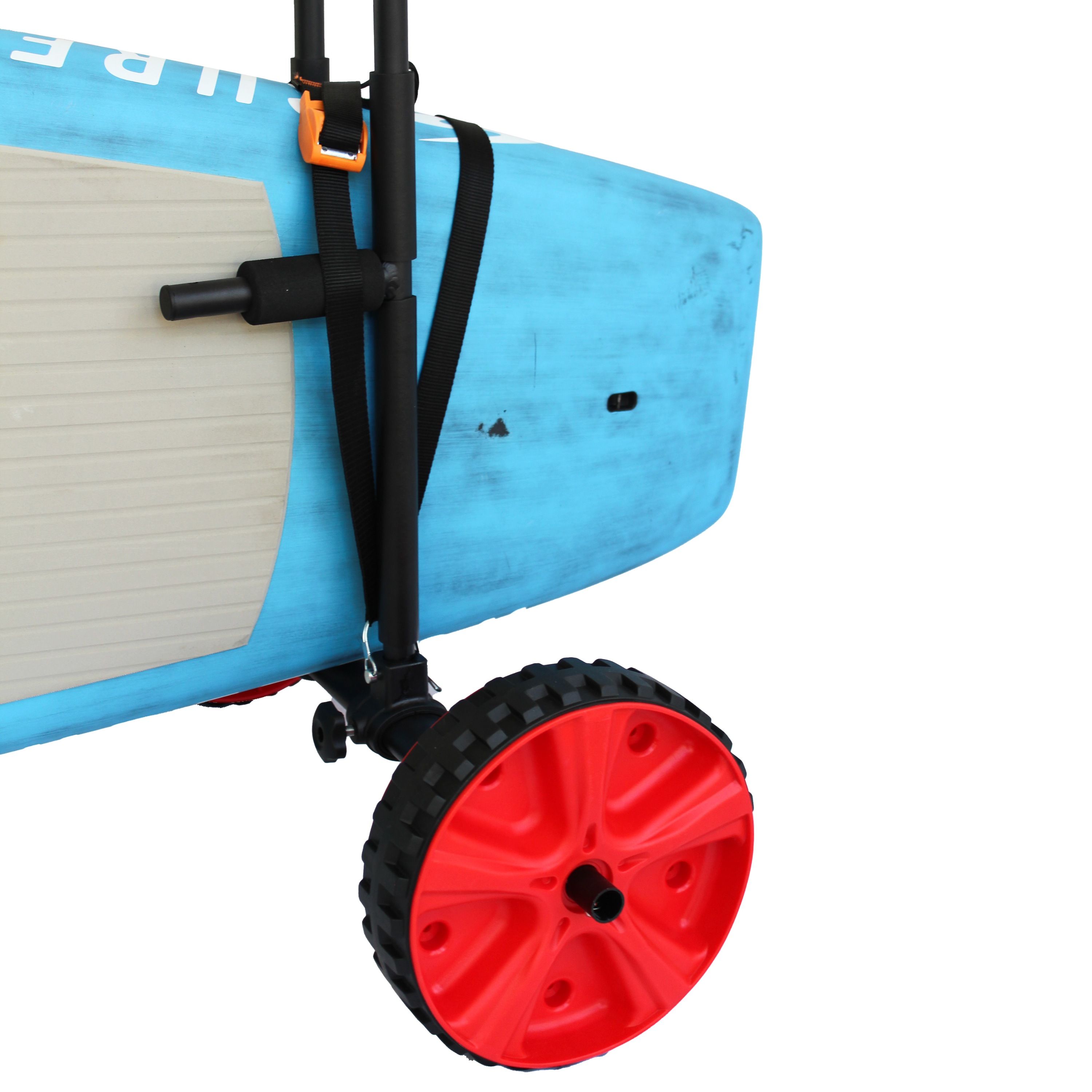 COR Surf adjustable 3-in-1 SUP and kayak transport cart with padded handles and sturdy frame for easy watercraft transportation.