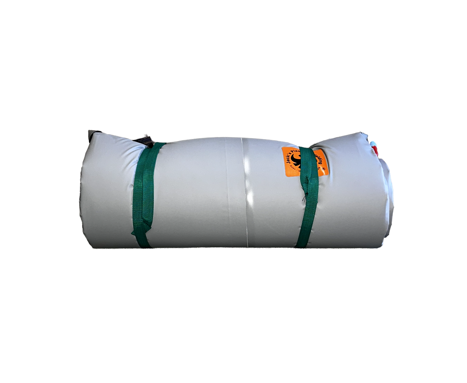 Roll of white material with green straps on a white background