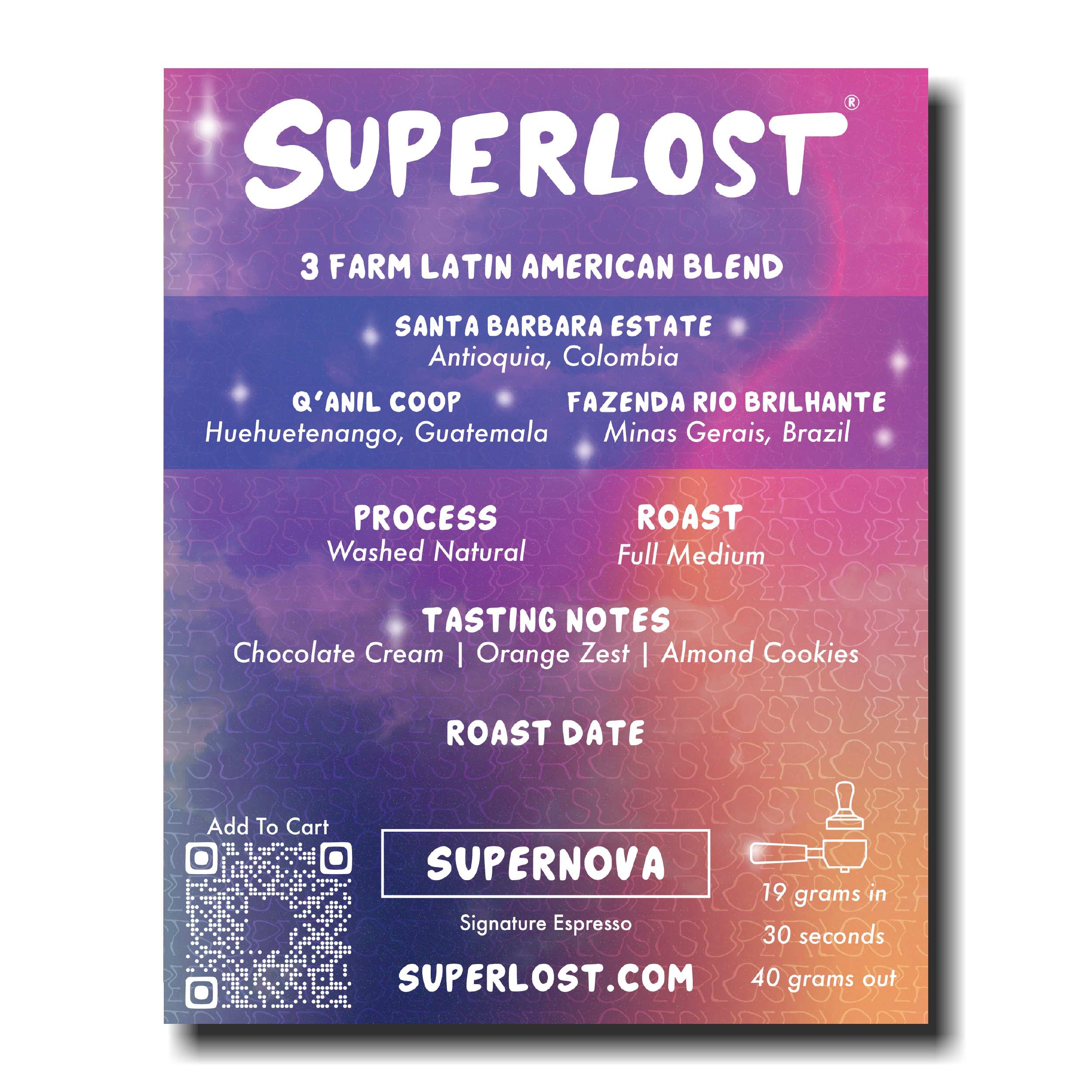 Close-up of Superlost Coffee Supernova Espresso coffee beans showing rich texture and dark brown color.