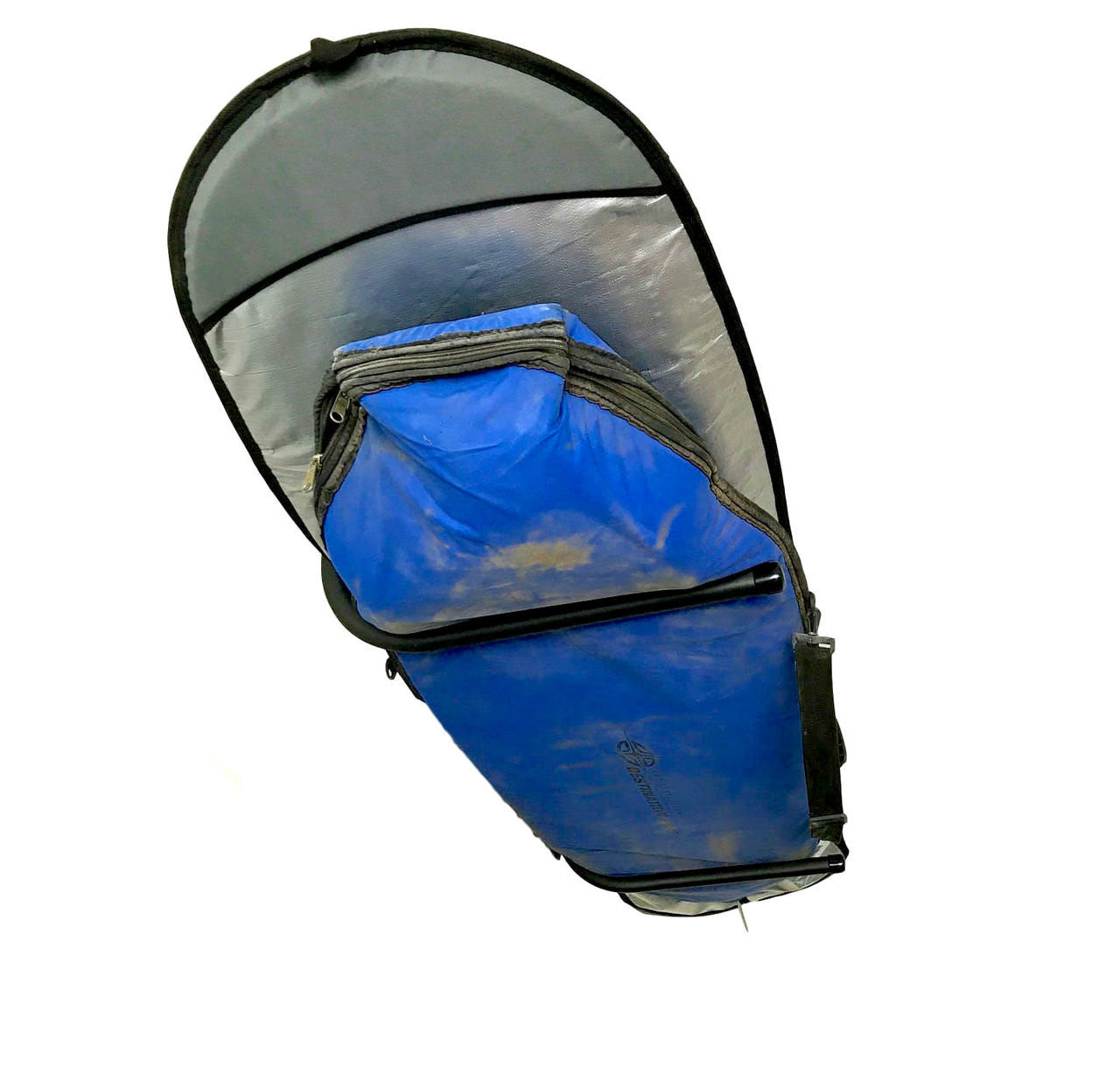 Blue and gray surfboard bag on a white background