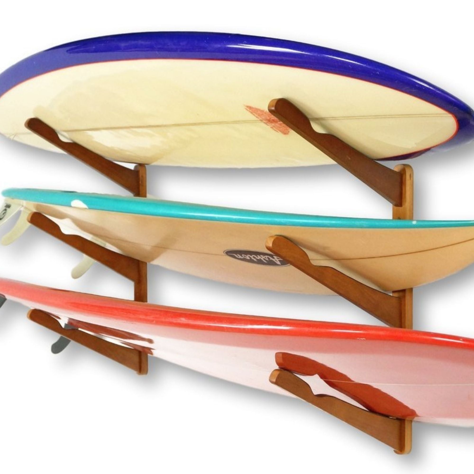 Dark wood COR Surf triple surfboard wall rack holding surf, wake, and snowboard, perfect for stylish storage and organization.