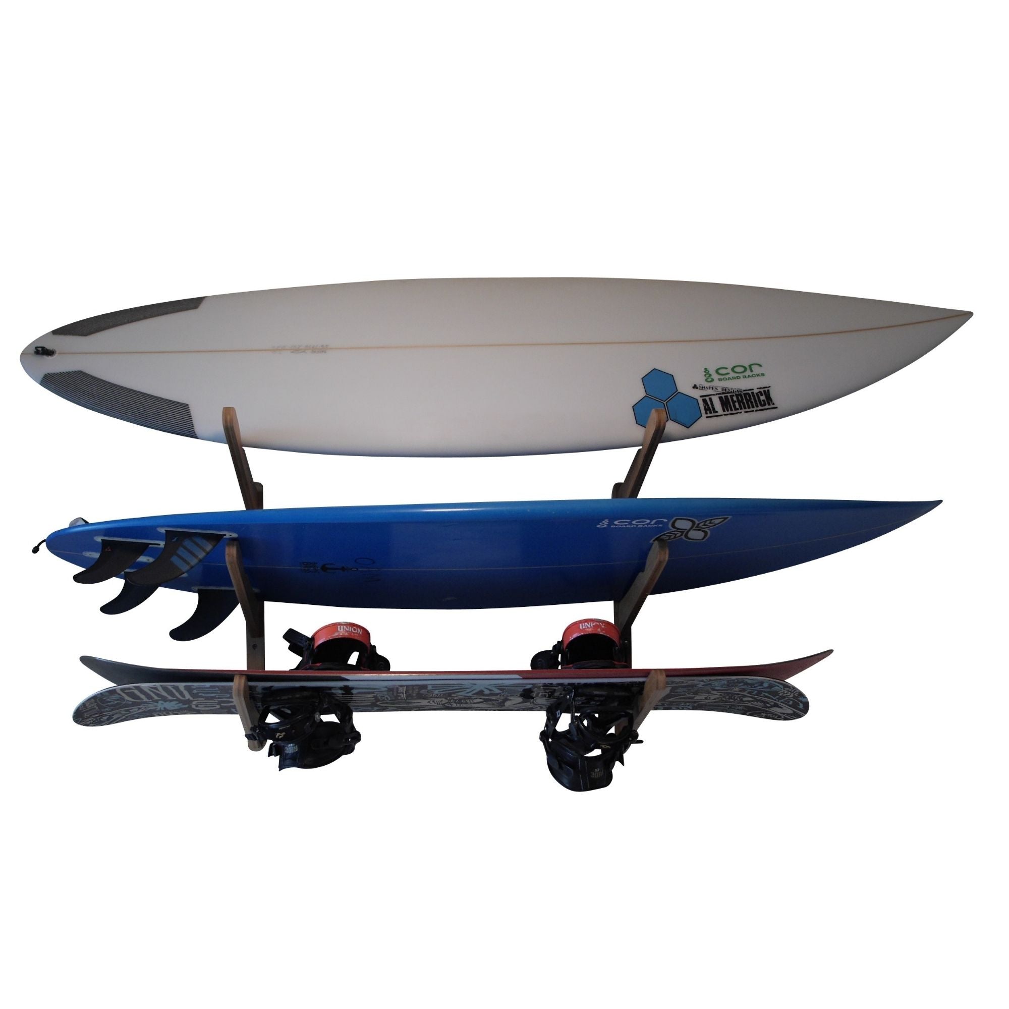 COR Surf triple bamboo surfboard wall rack holding three surfboards, wakeboards, and skateboards for stylish storage.