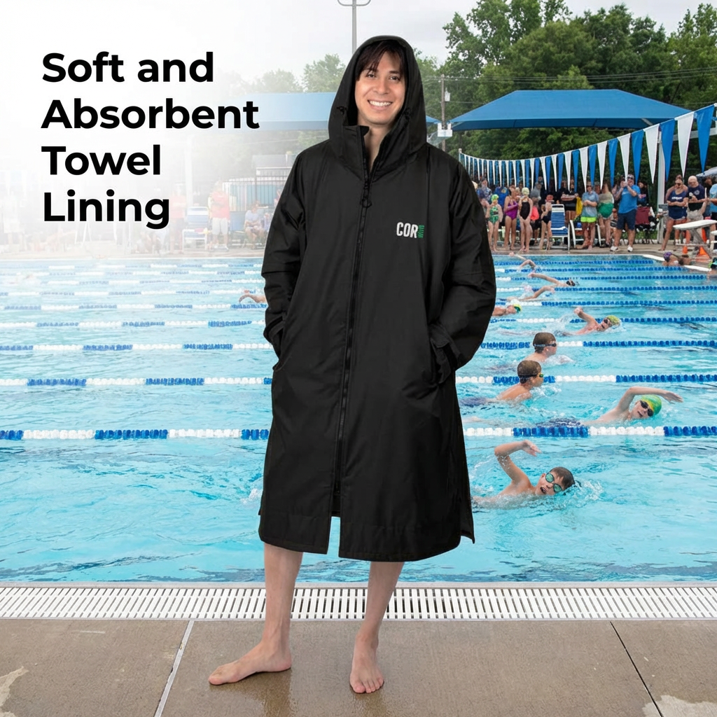Navy blue waterproof swim parka by COR Surf with a pool and swimming graphic, designed for outdoor water activities.