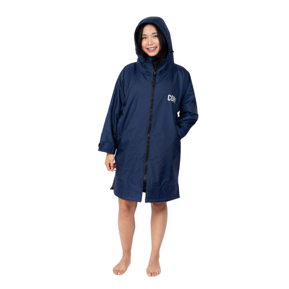 Youth navy blue waterproof swim parka by COR Surf, lightweight and protective outdoor apparel for swimming and water adventures.