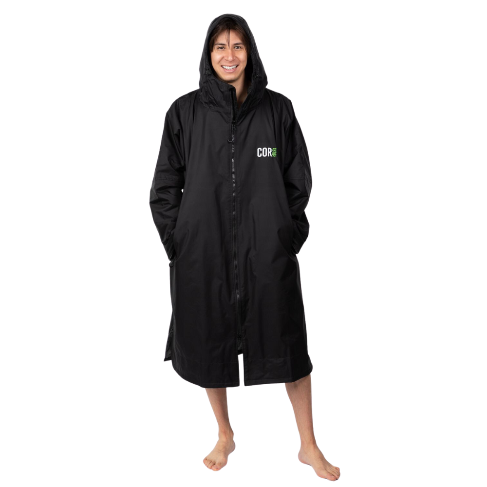 Black waterproof swim parka by COR Surf, XS to XL, designed for outdoor water activities and staying dry in wet conditions.