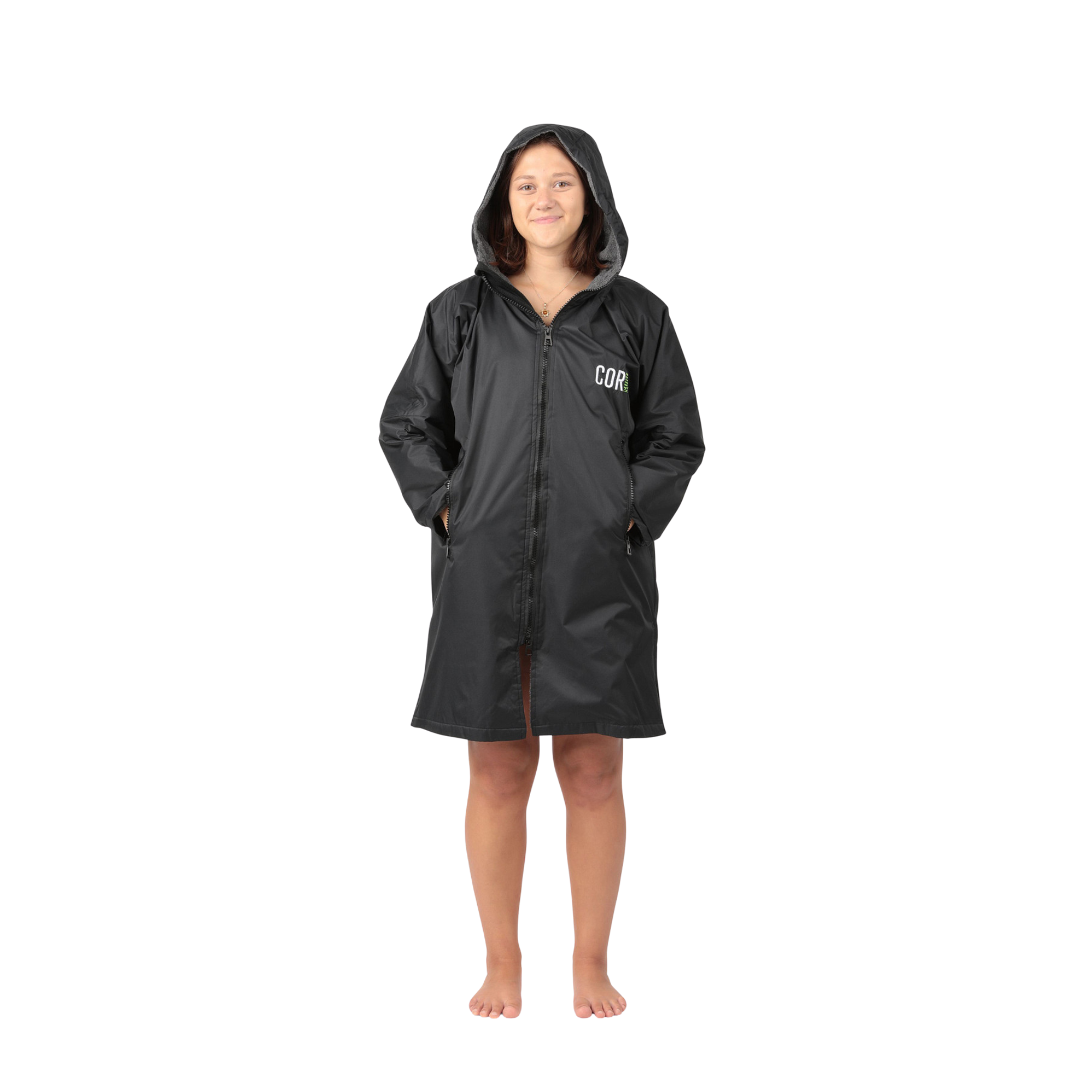 Black waterproof swim parka by COR Surf in XS size, designed for water-resistant outdoor apparel and accessories.