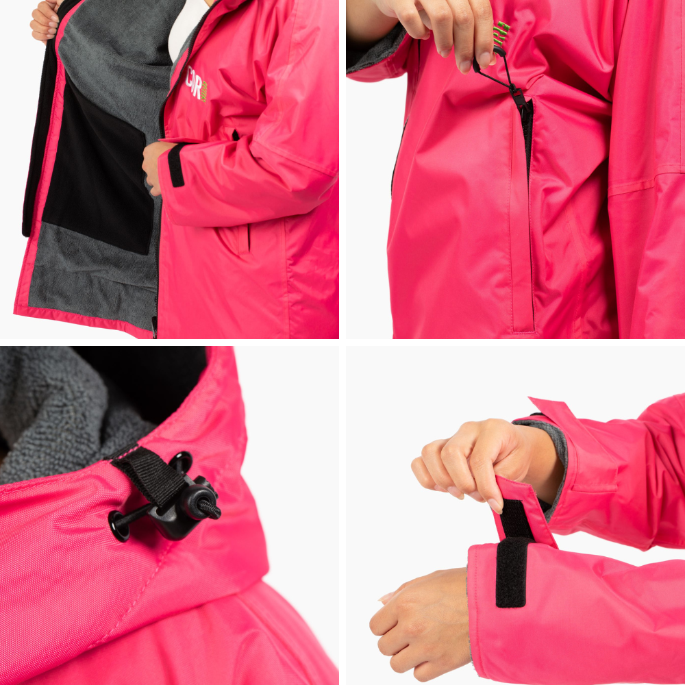 Pink waterproof swim parka jacket by COR Surf, featuring a lightweight, quick-drying design for beach and water activities.