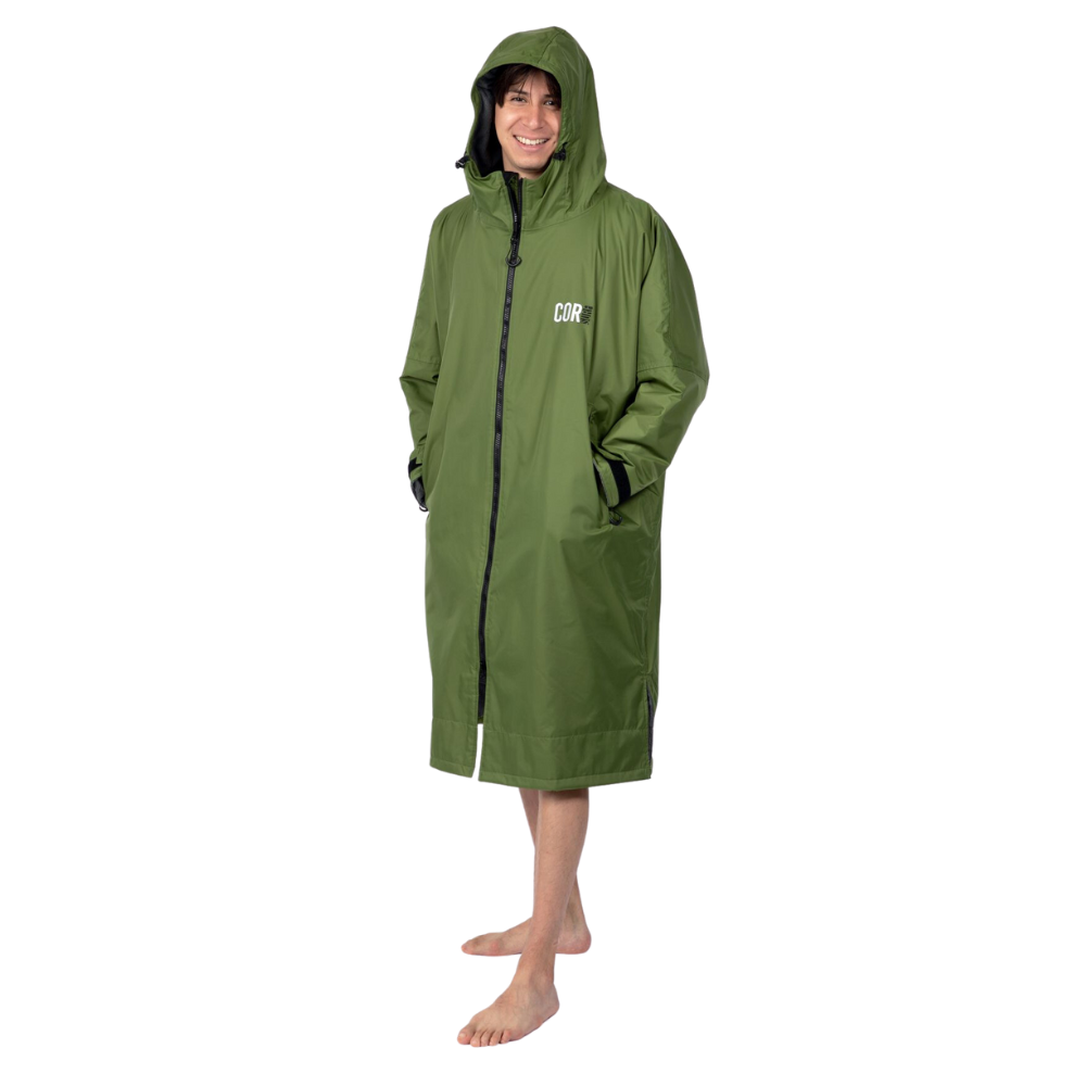 COR Surf waterproof green swim parka jacket in medium size, designed for outdoor water activities and protection from the elements.