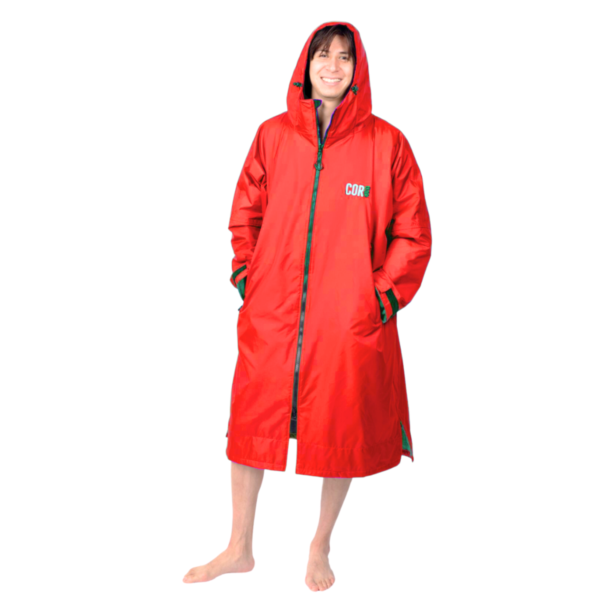 Red COR Surf waterproof swim parka jacket for men, designed for outdoor water activities and protection from the elements.