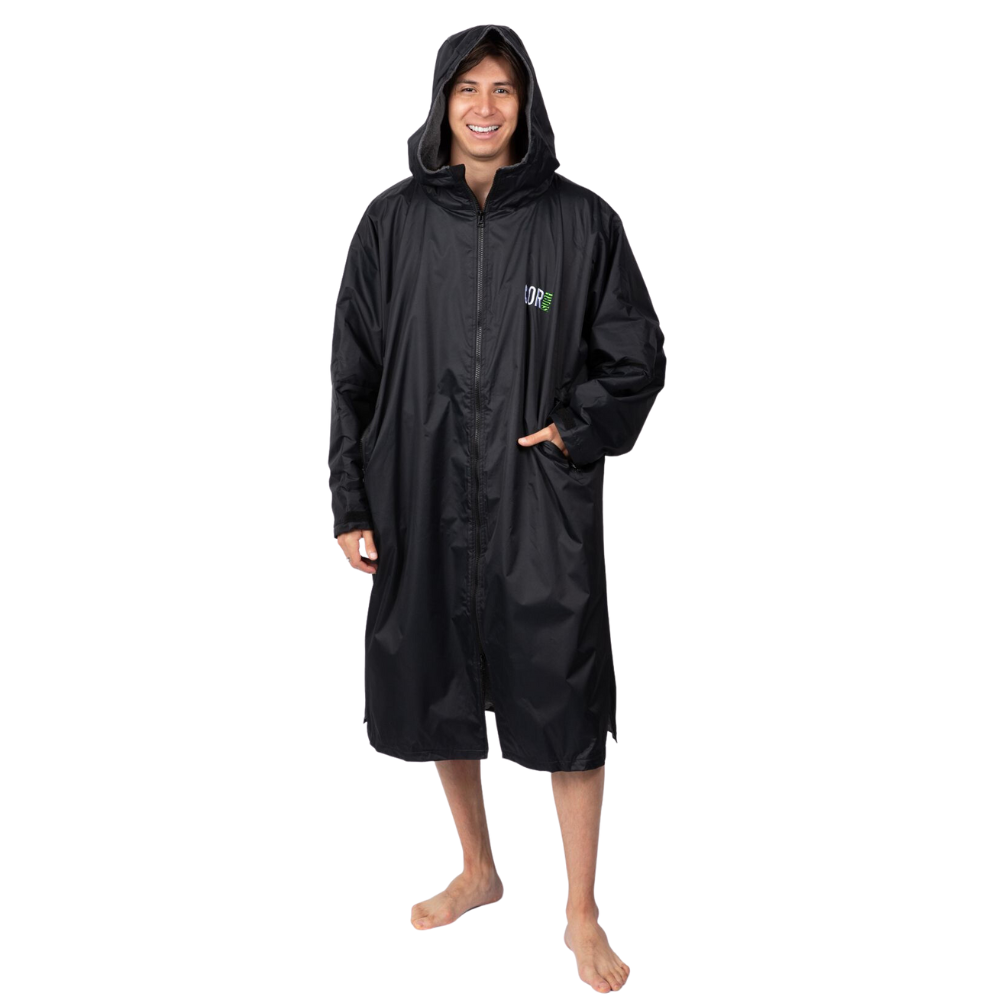 Men's black waterproof swim parka jacket by COR Surf, size L, designed for water activities and outdoor wear.