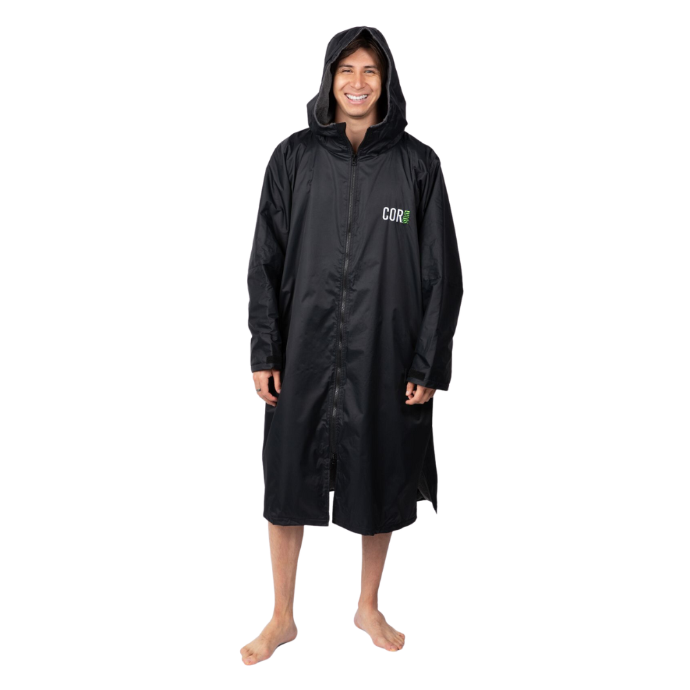 Black waterproof swim parka jacket for men by COR Surf, available in XS to XL, designed for outdoor water activities.