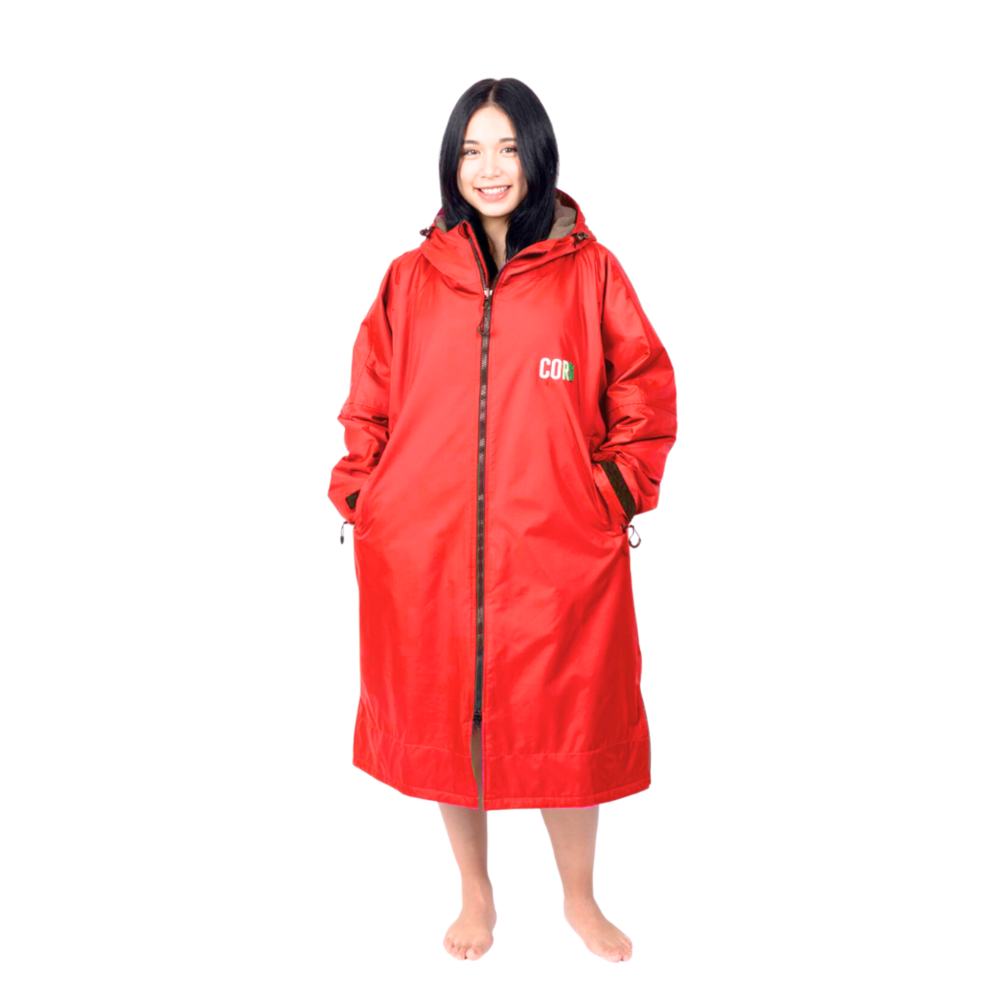 Red COR Surf waterproof swim parka jacket for men, women, and youth, shown in a small size with a hood and lightweight design.