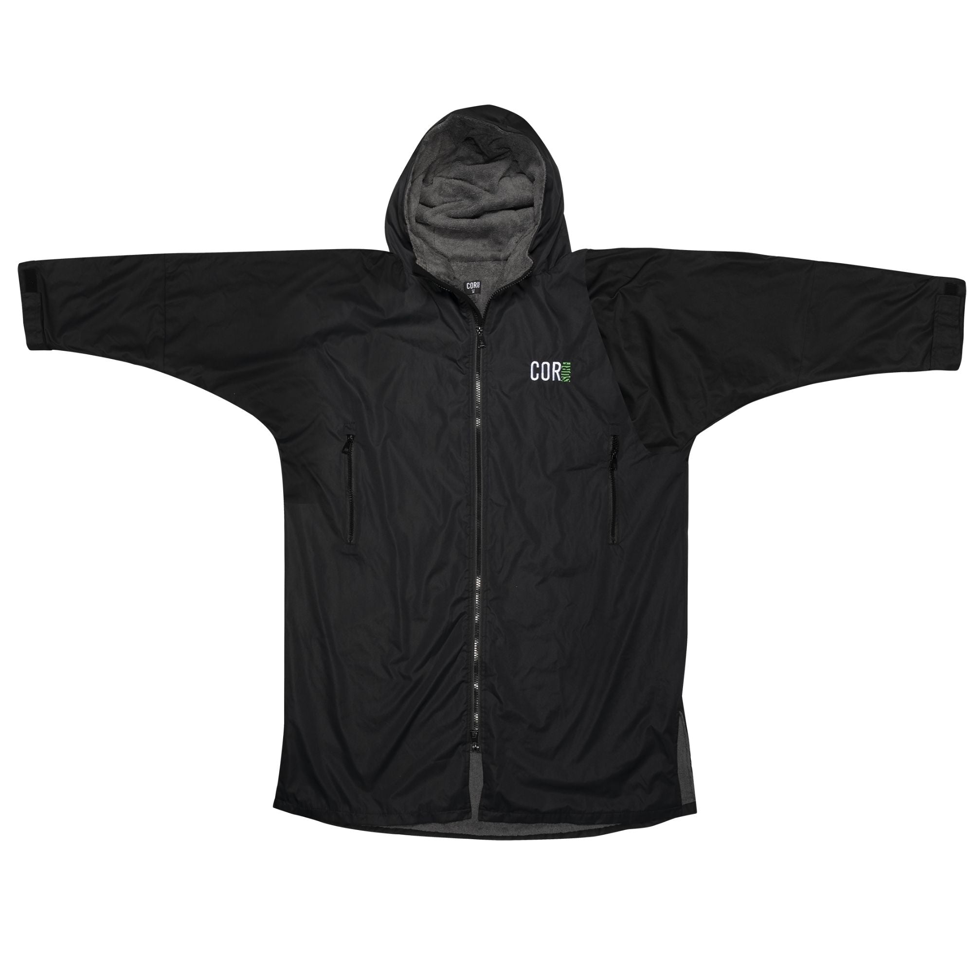 Black waterproof swim parka by COR Surf, XS-XL size, featuring a hooded surf jacket design for water protection and comfort.