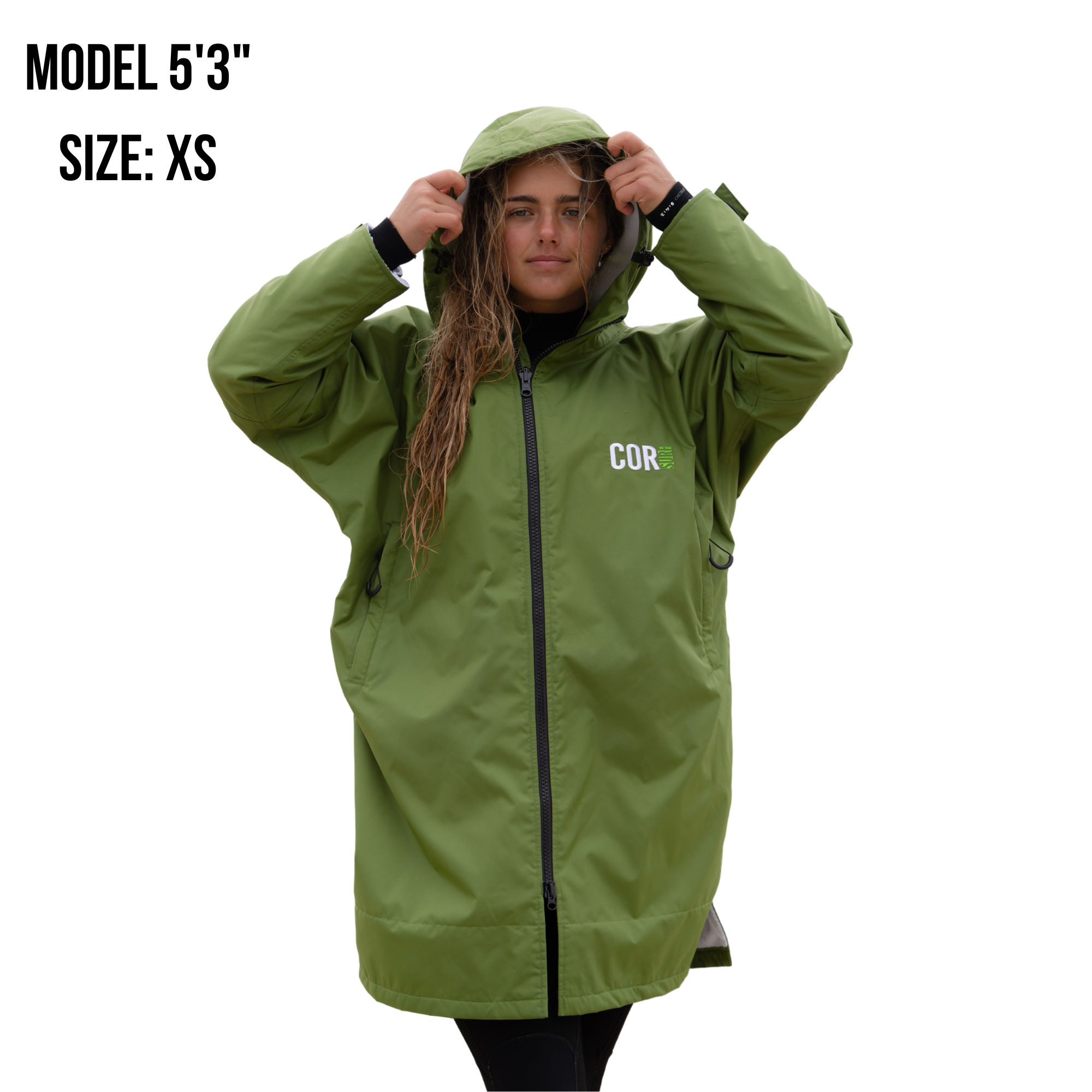 COR Surf waterproof swim parka in green, lightweight and windproof, designed for outdoor swimming and water activities.