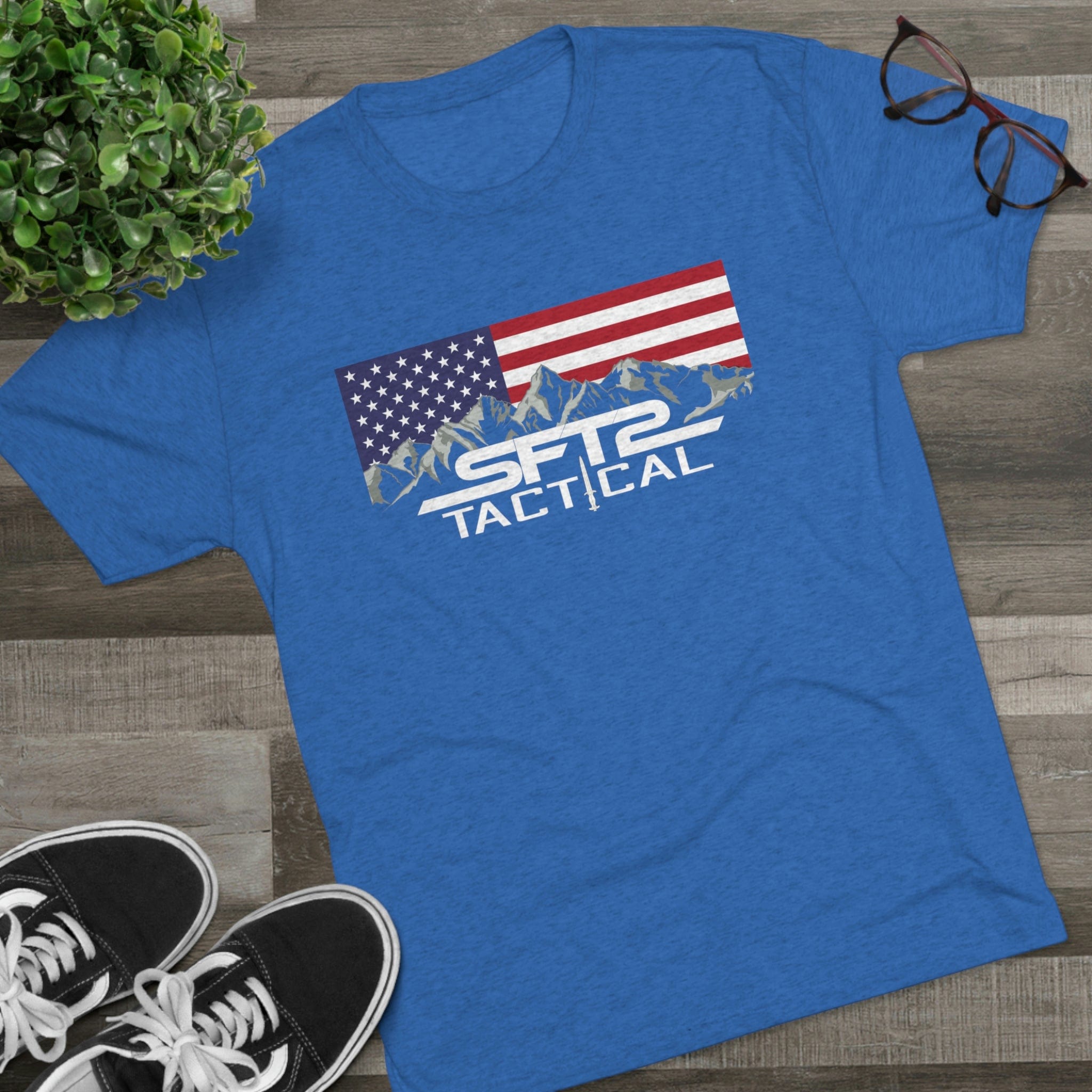 SFT2 Tactical America's Favorite Logo Tri-Blend Crew Tee in a relaxed fit, showcasing the vibrant logo design.