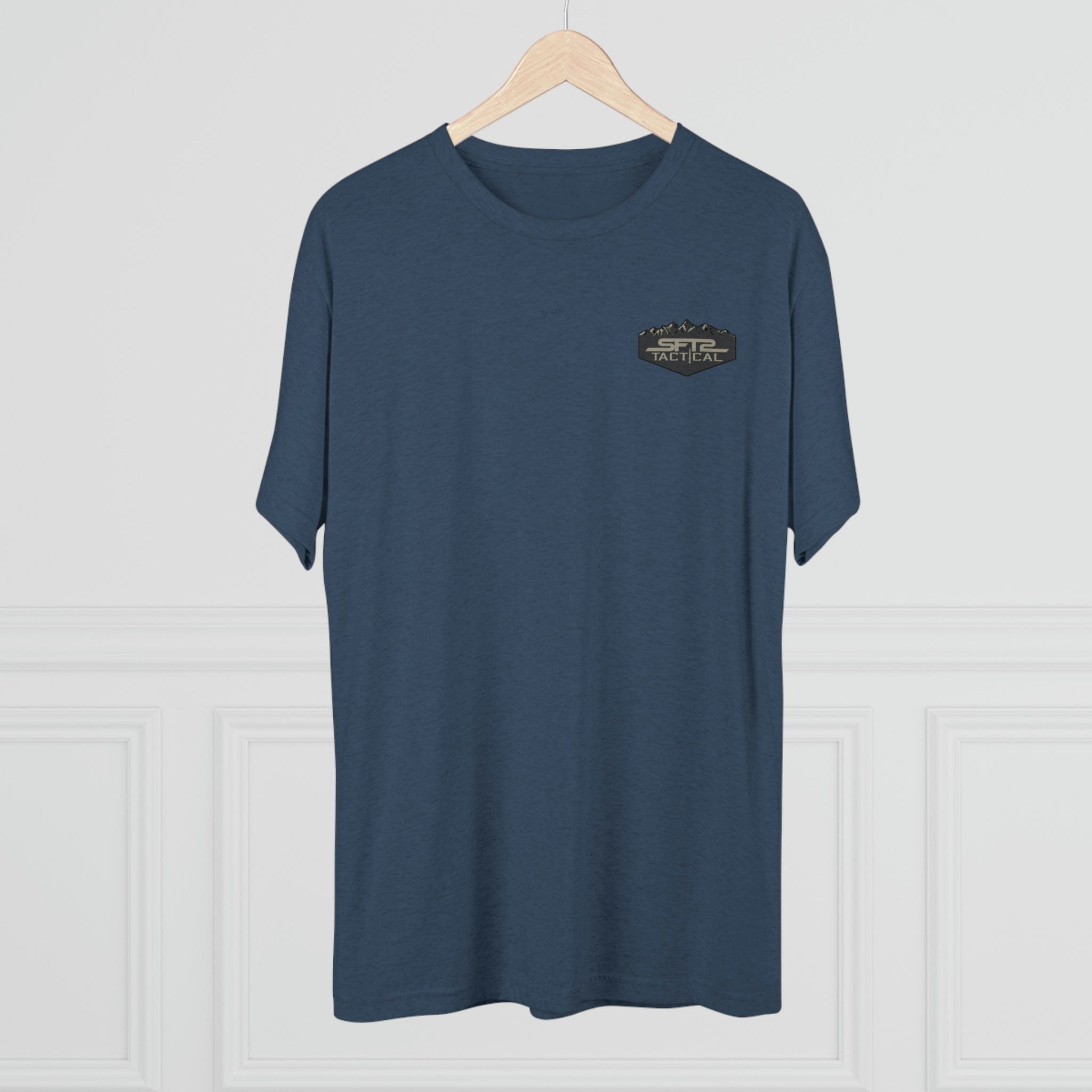 Camo Logo Mountain tri-blend crew tee by SFT2 Tactical featuring a camo design and classic crew neck style.