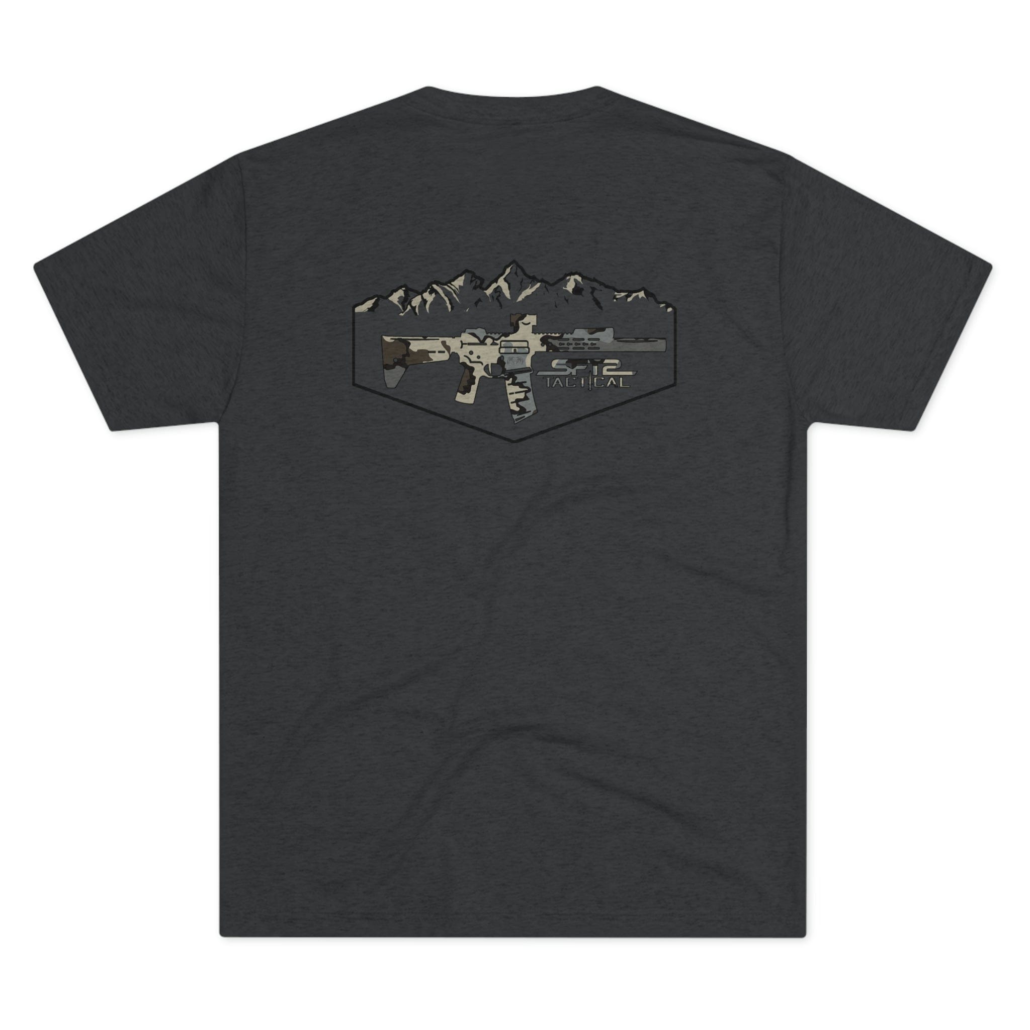 Camo logo mountain tri-blend crew tee by SFT2 Tactical, featuring a stylish camouflage print and comfortable fit.