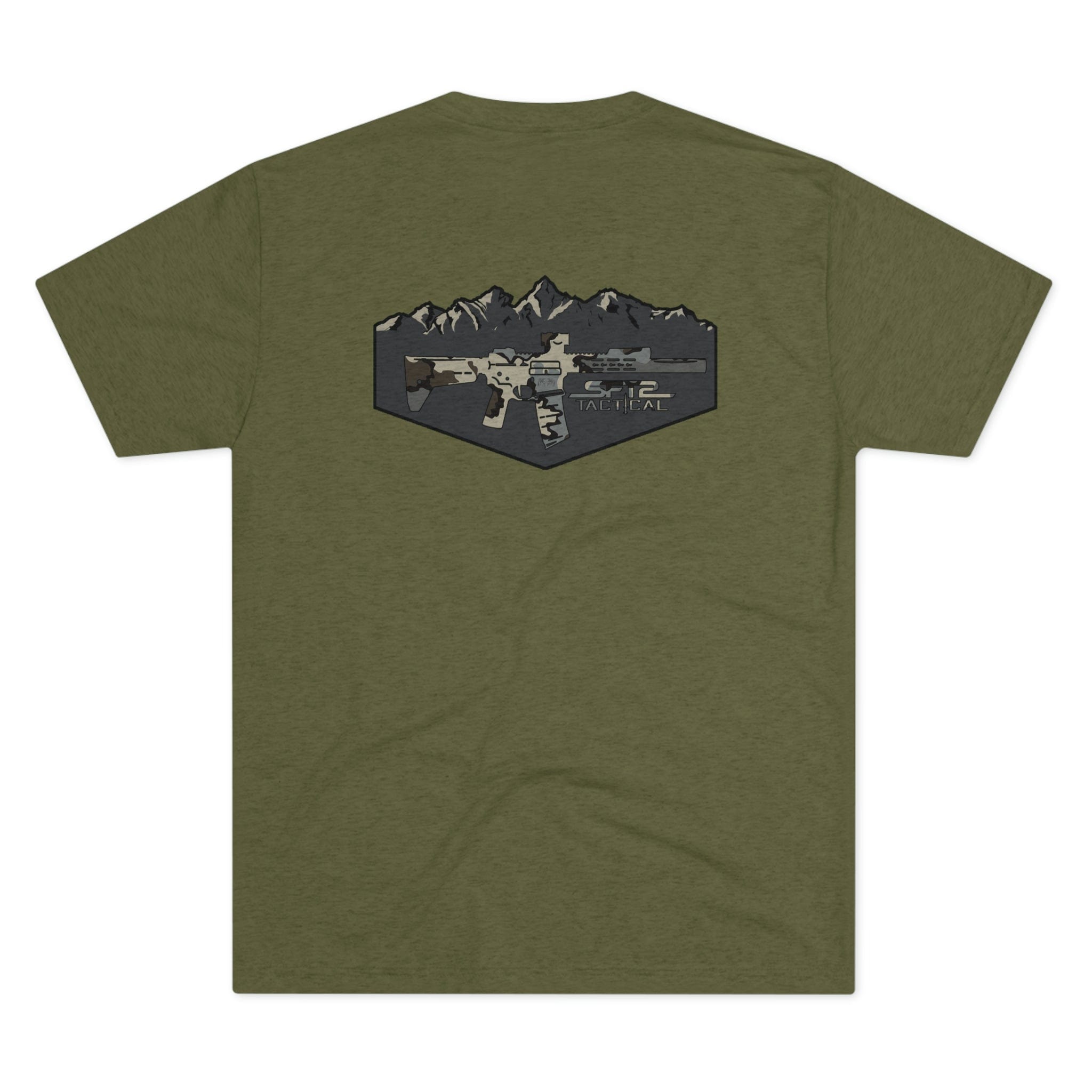 Camo logo mountain design on SFT2 Tactical tri-blend crew tee, featuring a comfortable fit and soft fabric.