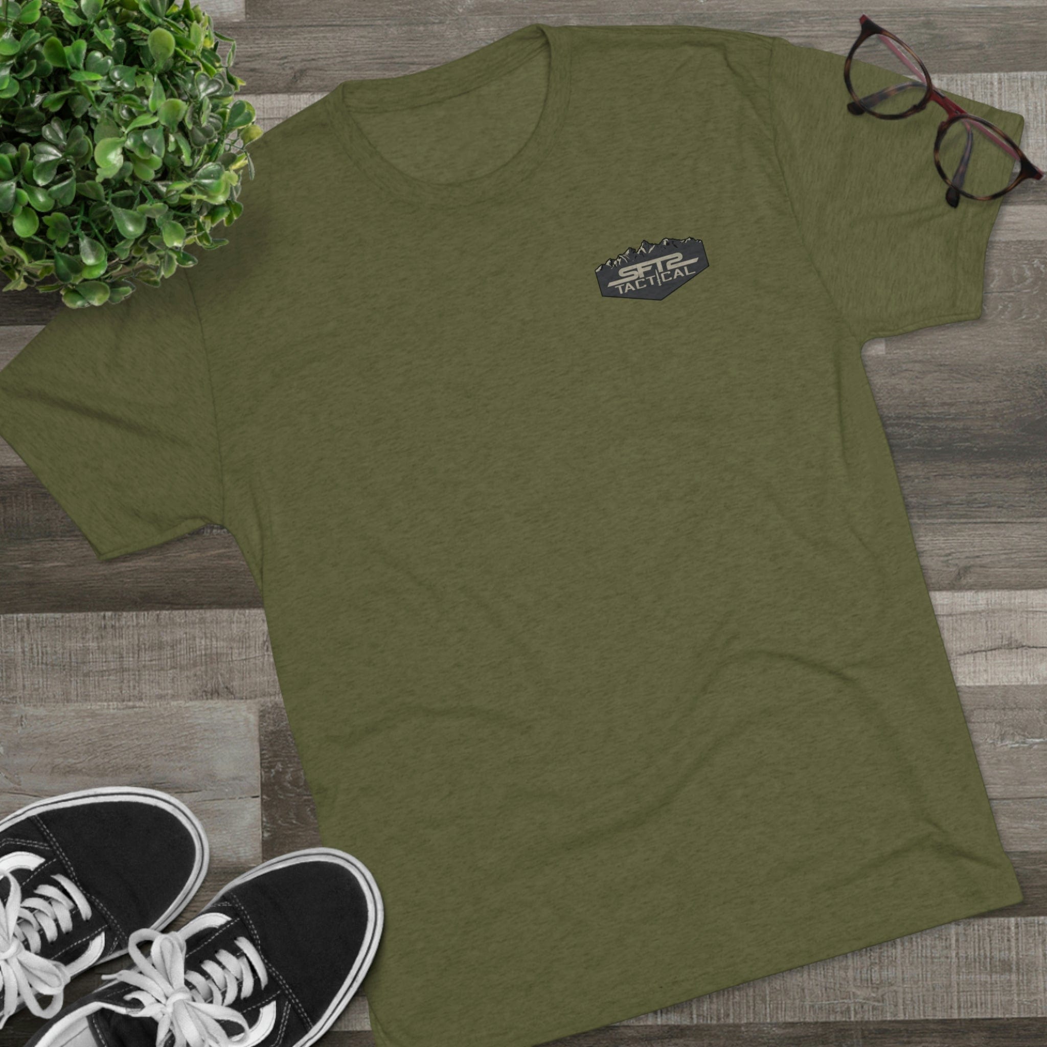 Camo logo mountain tri-blend crew tee by SFT2 Tactical, featuring a camouflage design and comfortable fit.