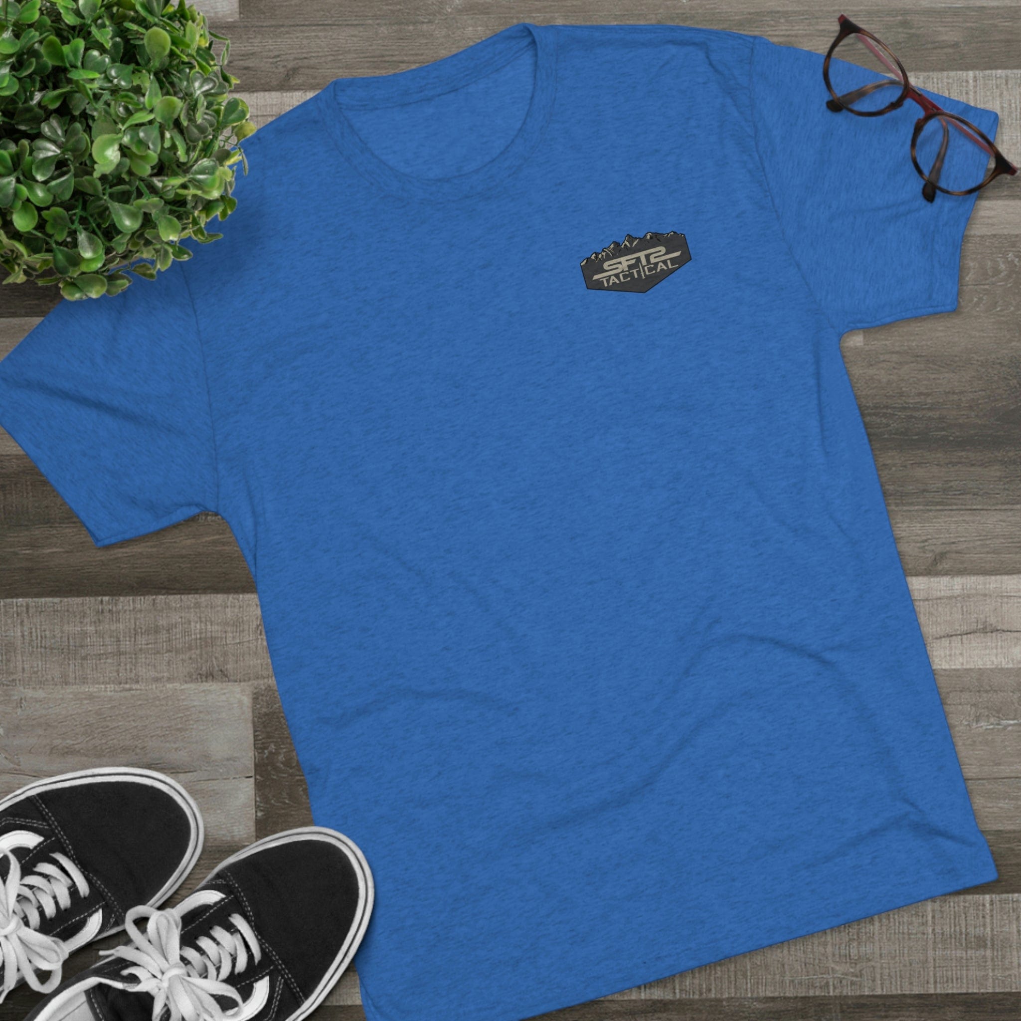 Camo logo mountain tri-blend crew tee by SFT2 Tactical, featuring a camouflaged design and comfortable fit.