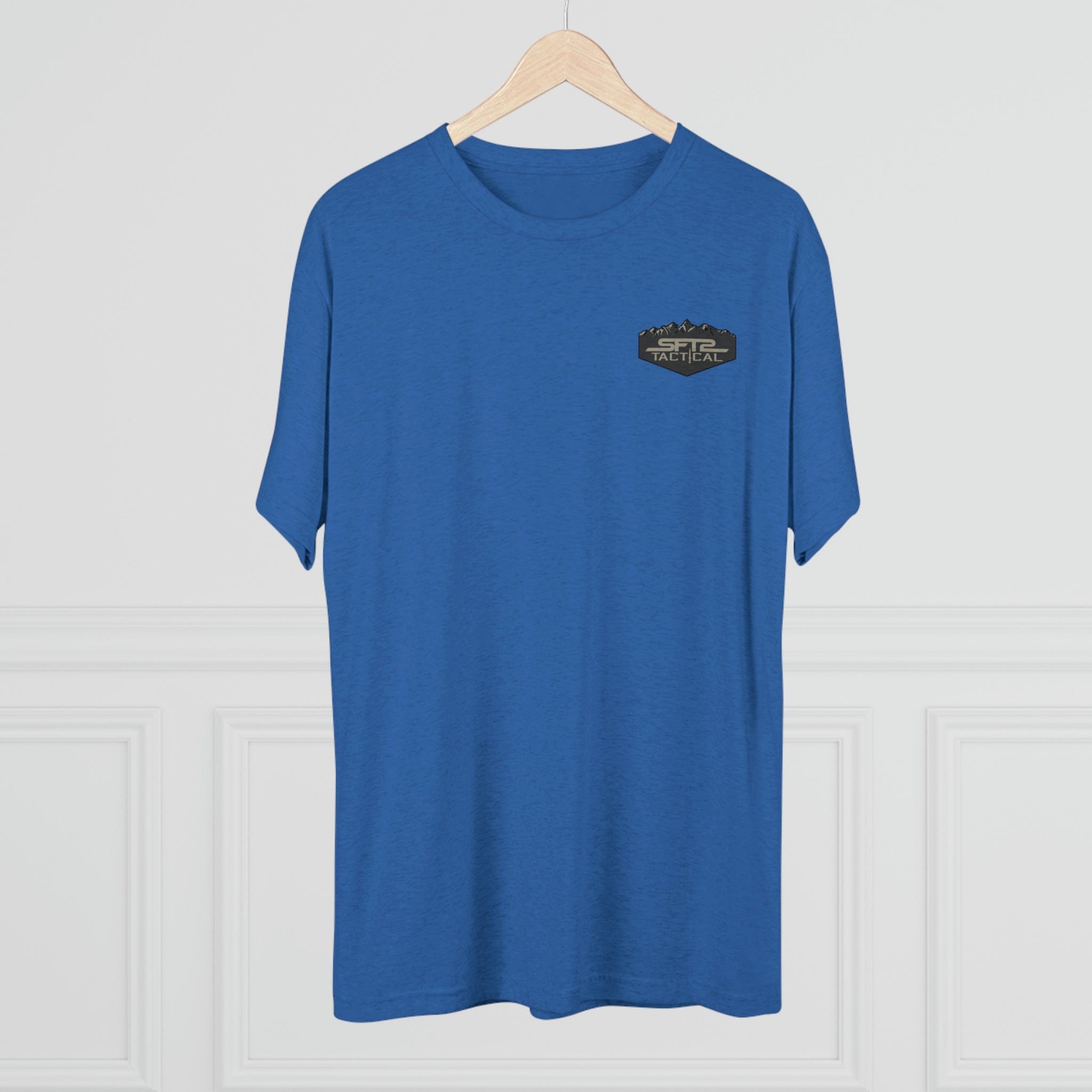 Camo logo mountain design on SFT2 Tactical tri-blend crew tee in a casual fit for outdoor enthusiasts.