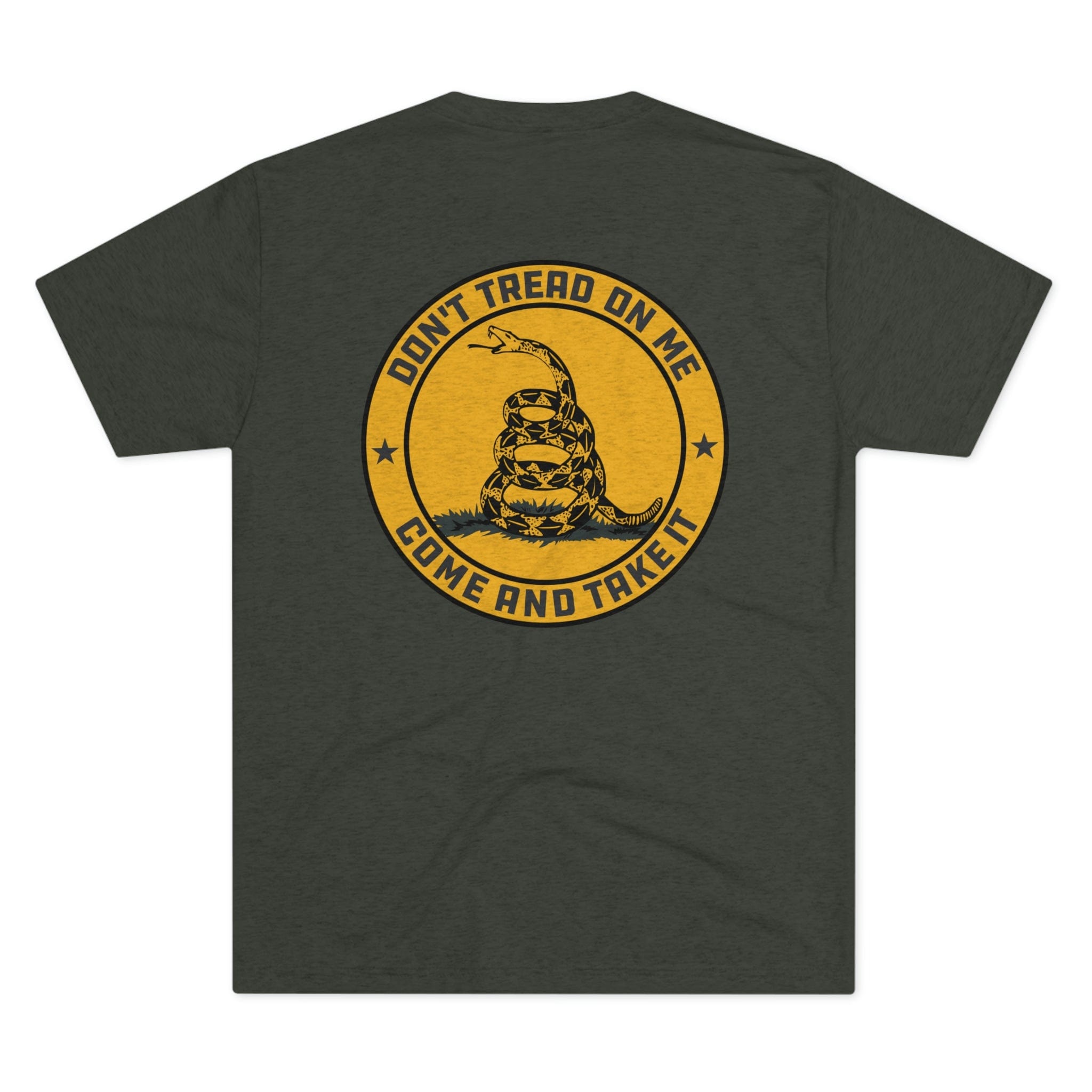 SFT2 Tactical Don't Tread On Me tri-blend crew tee in olive green, featuring a bold graphic design.