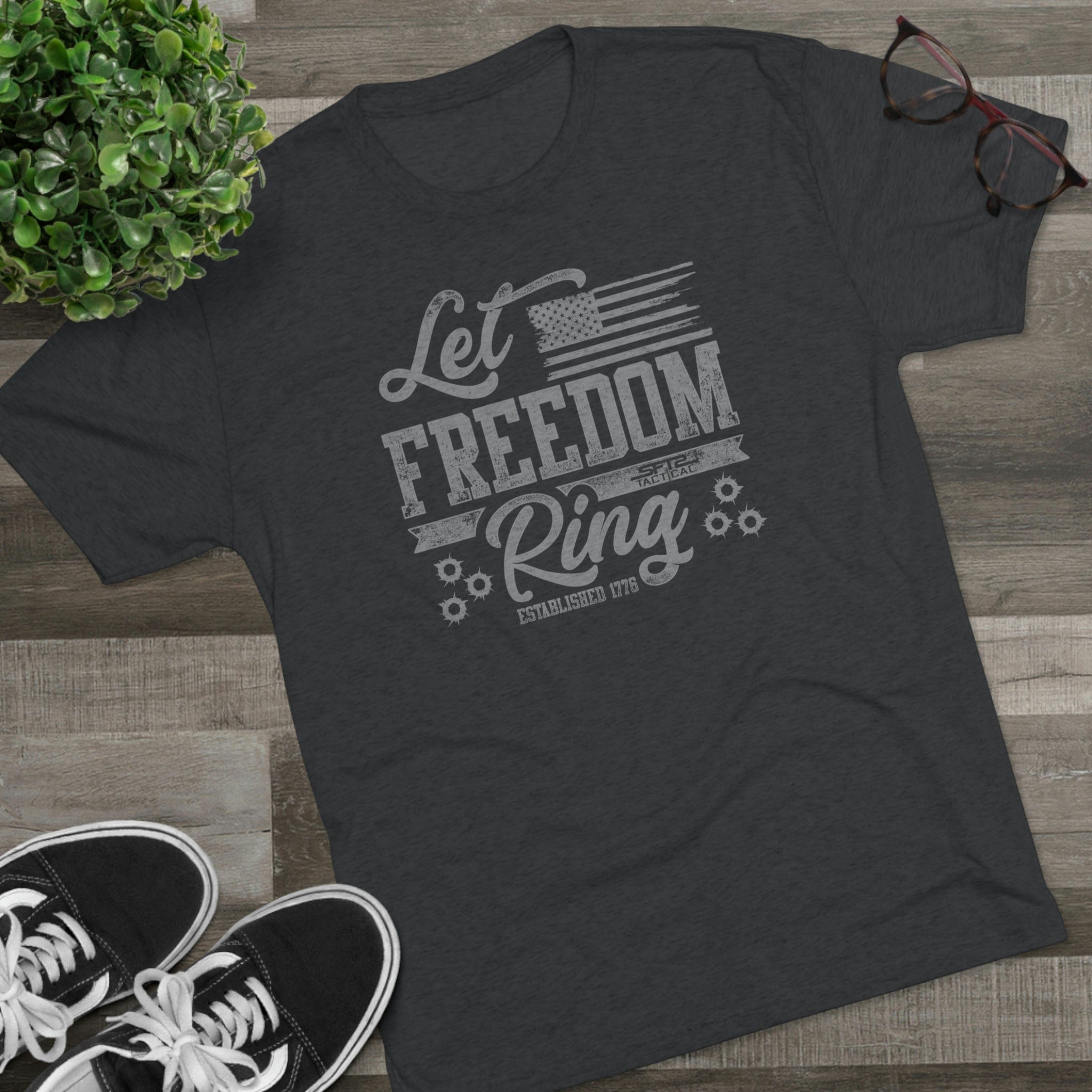 SFT2 Tactical Let Freedom Ring tri-blend crew tee in a casual fit with a patriotic design displayed on a flat surface.