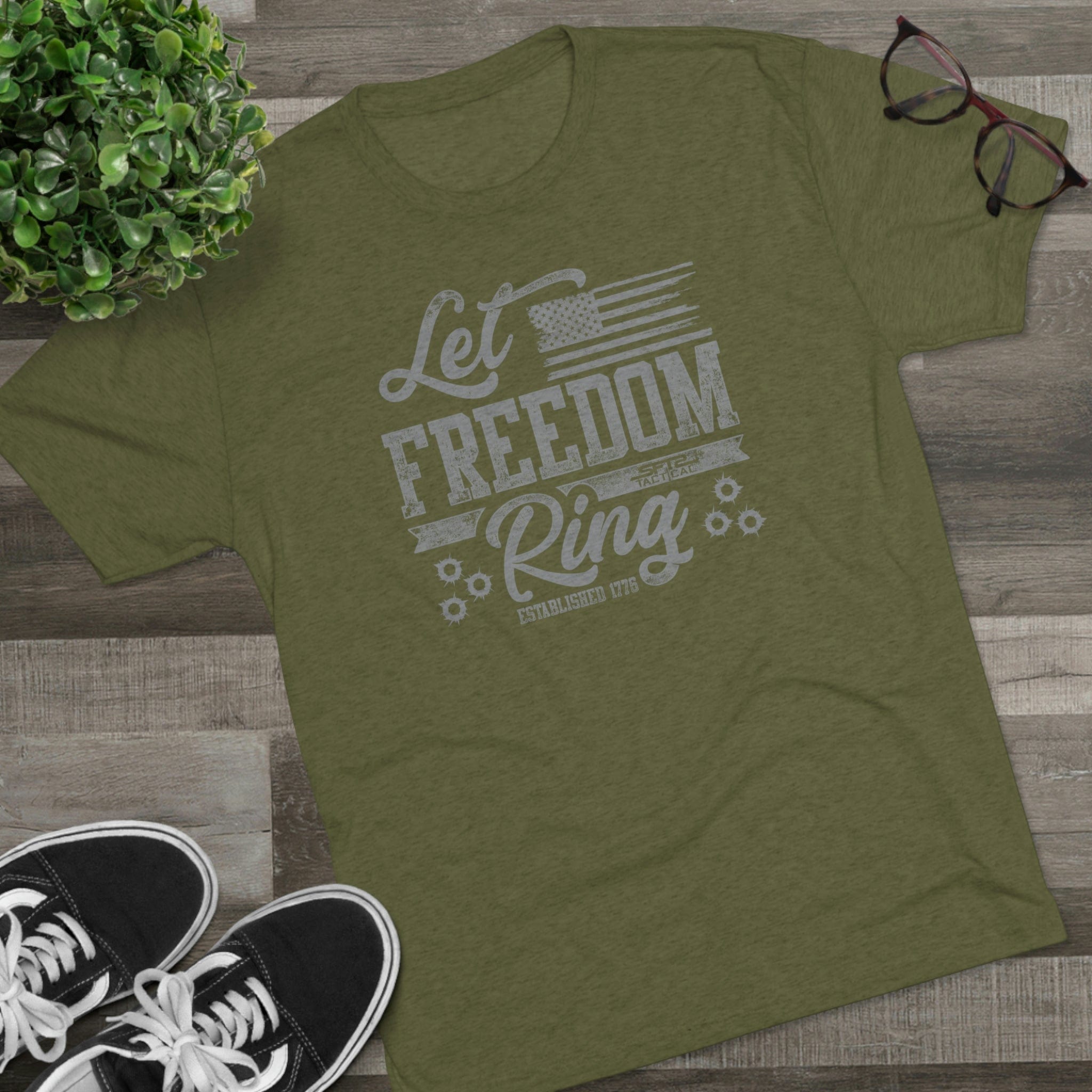 SFT2 Tactical Let Freedom Ring tri-blend crew tee in gray with a bold graphic design on the front.