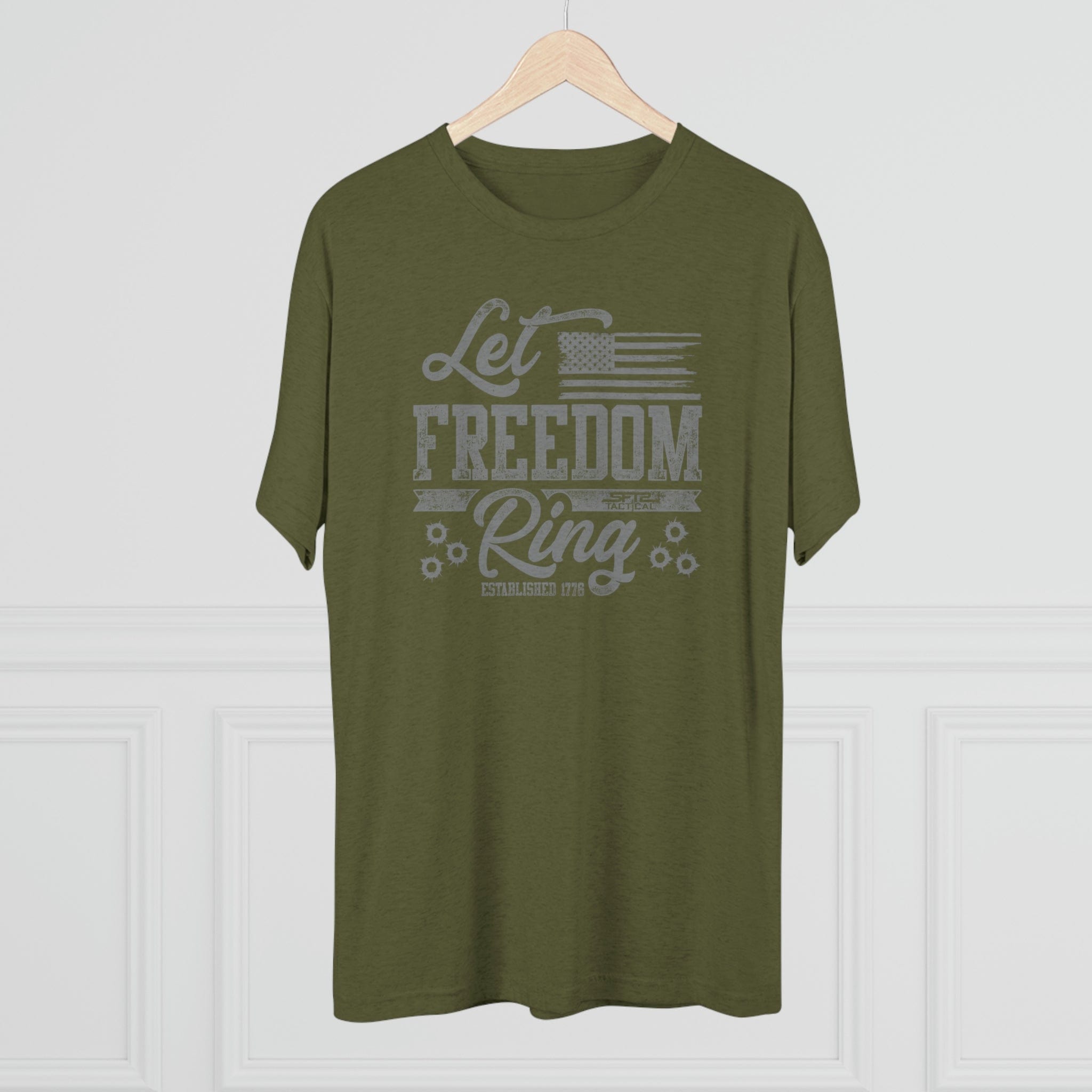 SFT2 Tactical Let Freedom Ring tri-blend crew tee in a casual fit, featuring a bold graphic design on the front.