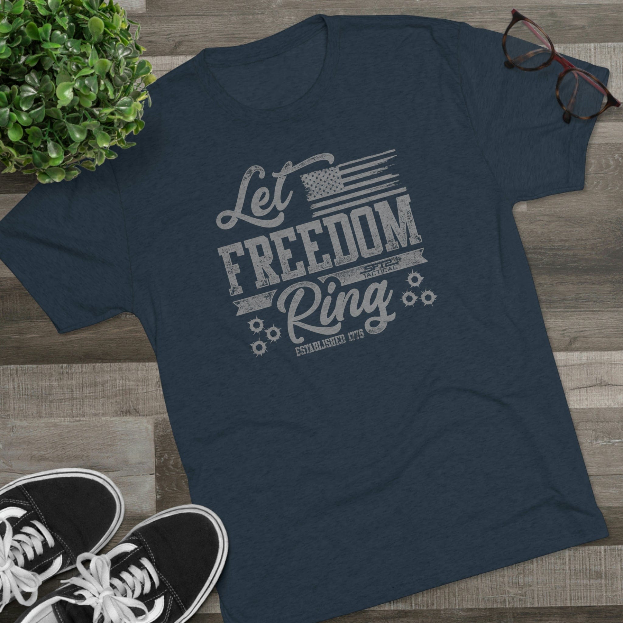SFT2 Tactical Let Freedom Ring tri-blend crew tee featuring a graphic design on a comfortable t-shirt.