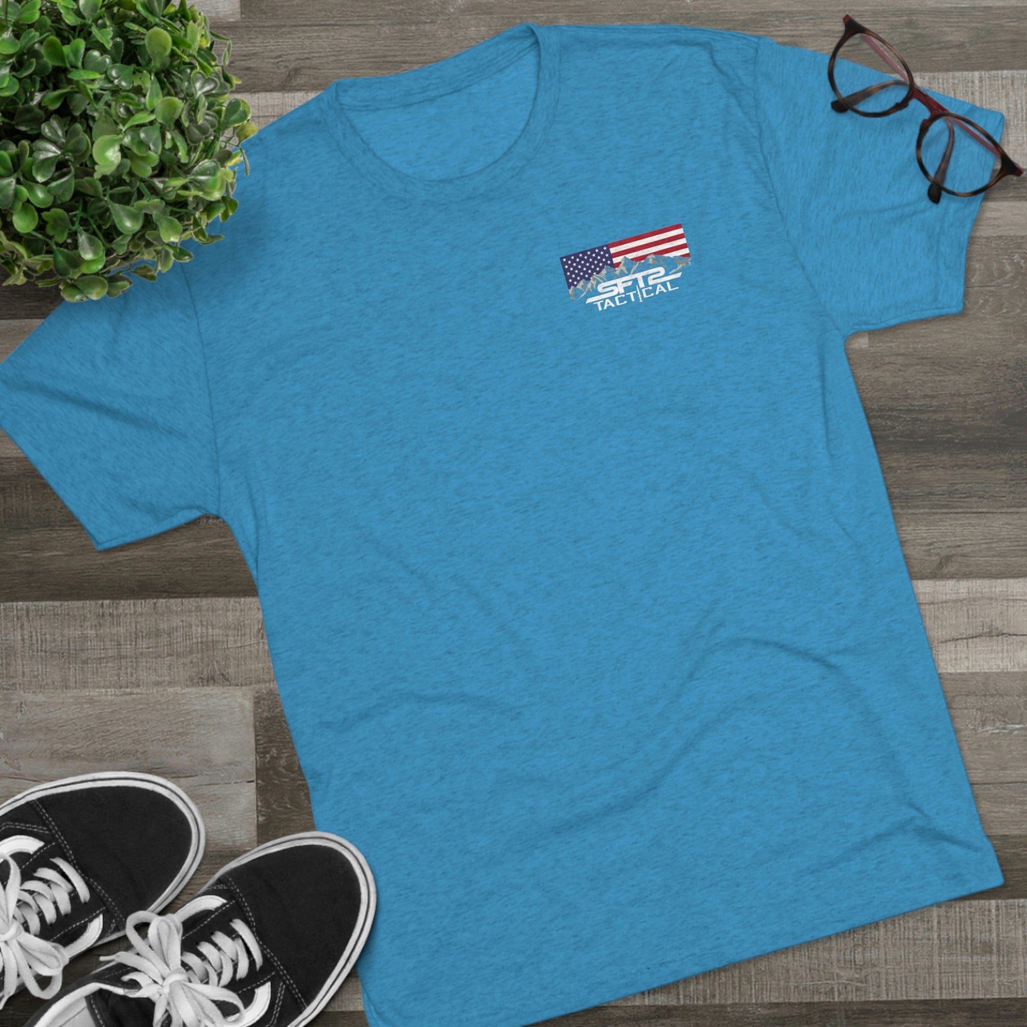 SFT2 Tactical Over My Dead Body tri-blend crew tee in black with graphic print displayed on a flat surface.