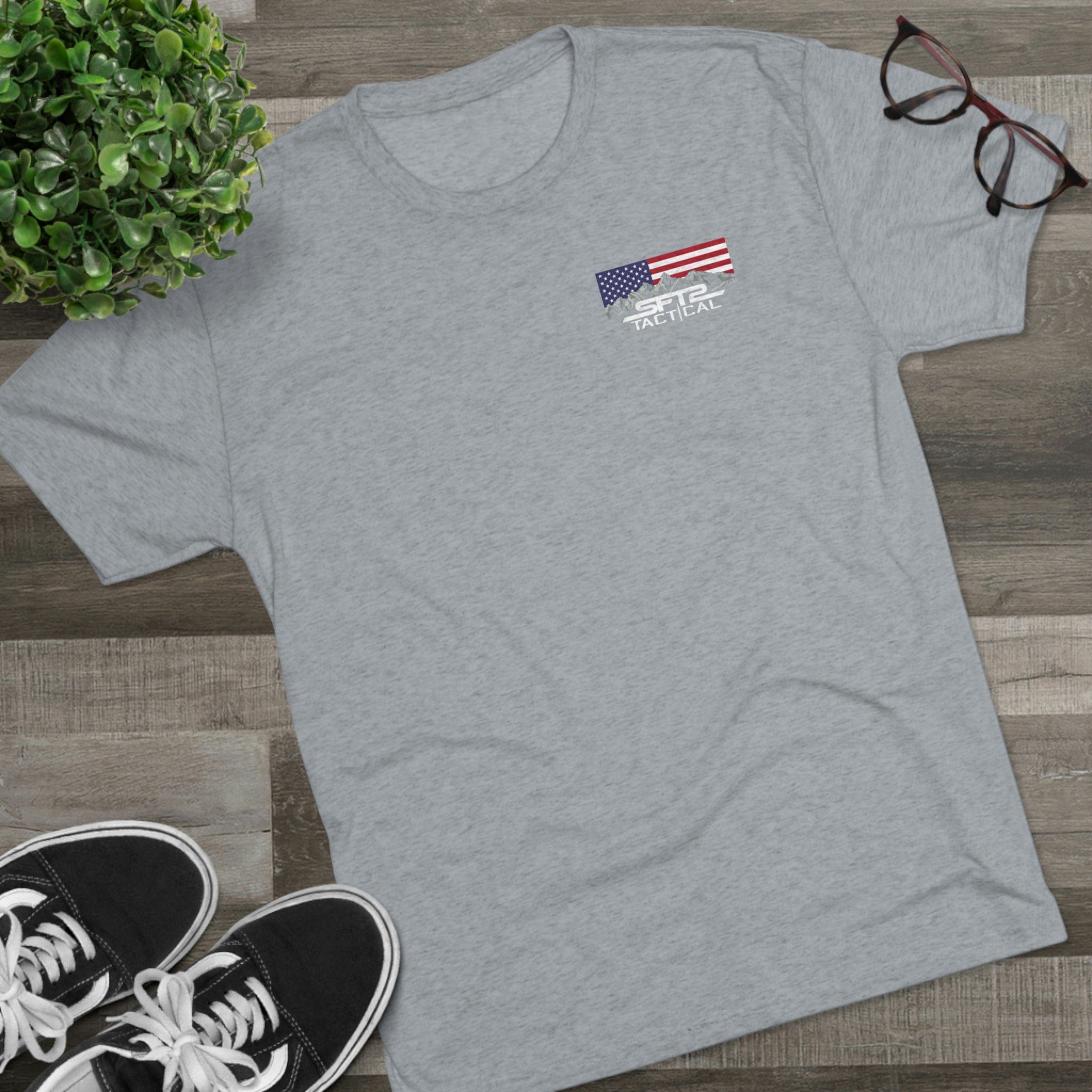 SFT2 Tactical Over My Dead Body tri-blend crew tee displayed on a flat surface, showcasing its soft fabric and design.