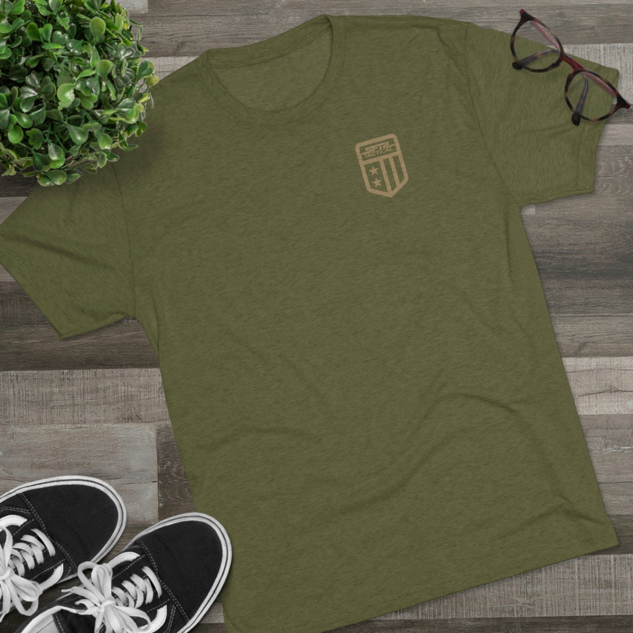 SFT2 Tactical Patriot tri-blend crew tee in a casual fit, showcasing fabric texture and vibrant color.