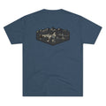 Indigo tri-blend crew tee featuring SFT2 Tactical camo logo mountain design for a casual, stylish look.