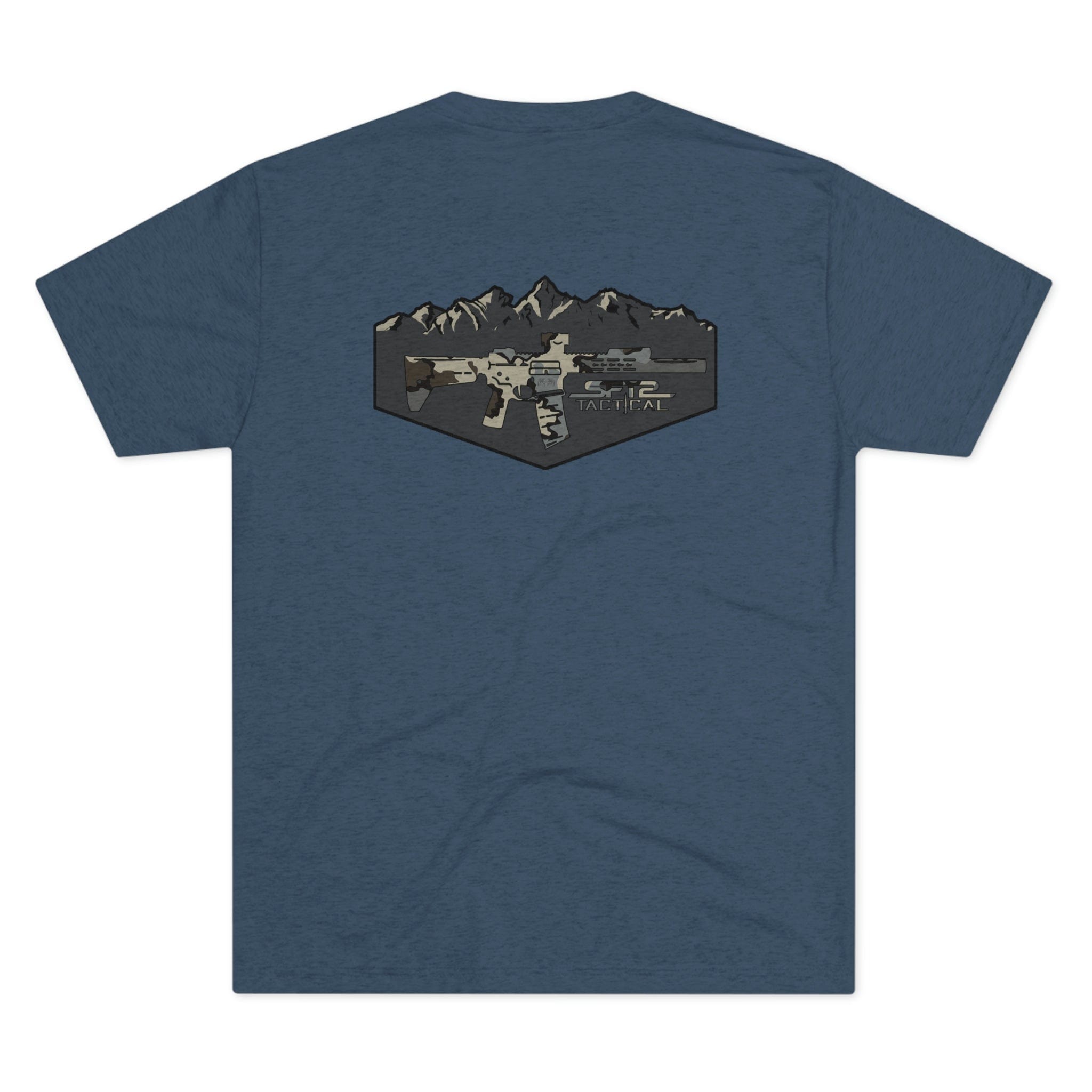 Indigo tri-blend crew tee featuring SFT2 Tactical camo logo mountain design for a casual, stylish look.