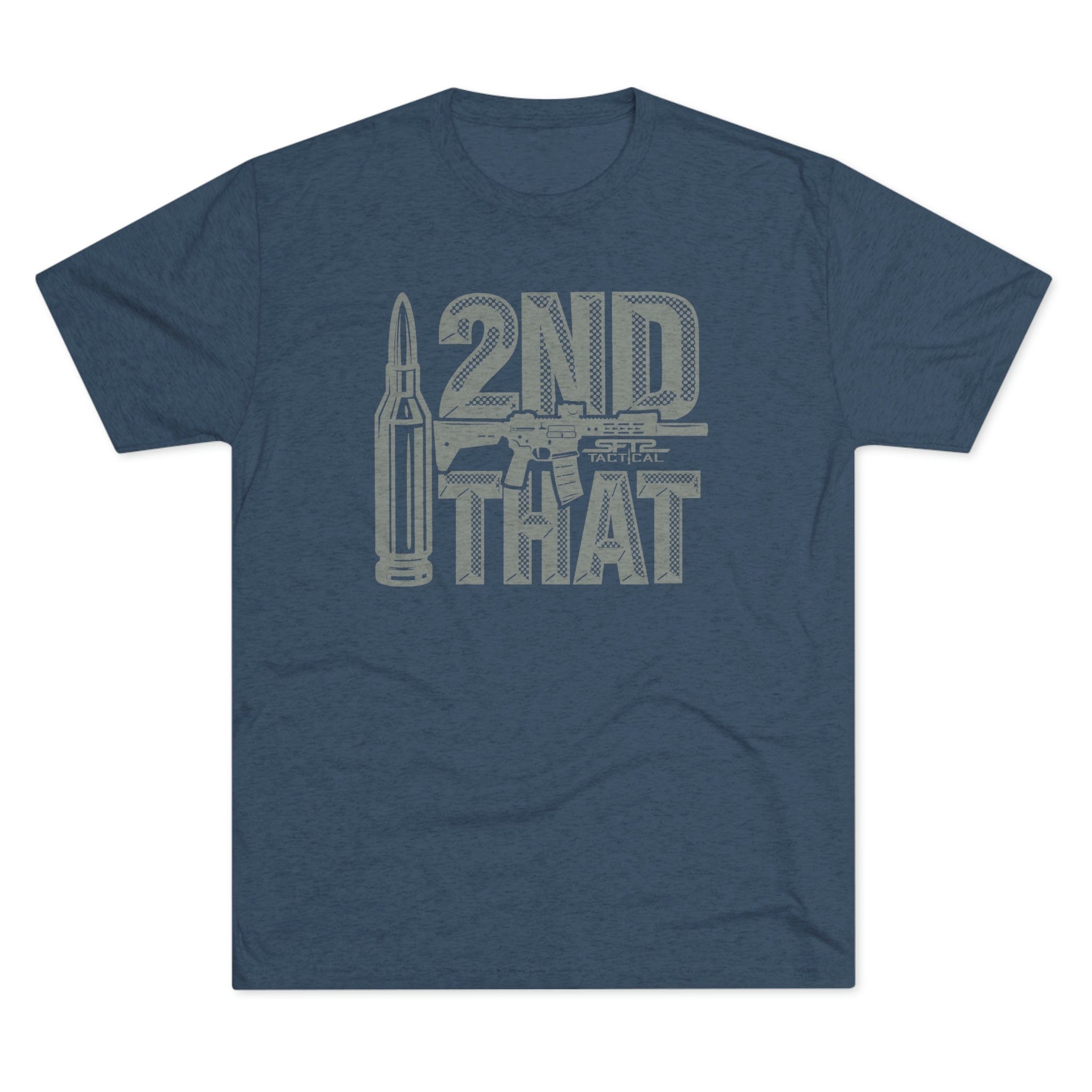 Indigo tri-blend t-shirt featuring "I 2ND THAT" graphic by SFT2 Tactical, displayed on a neutral background.